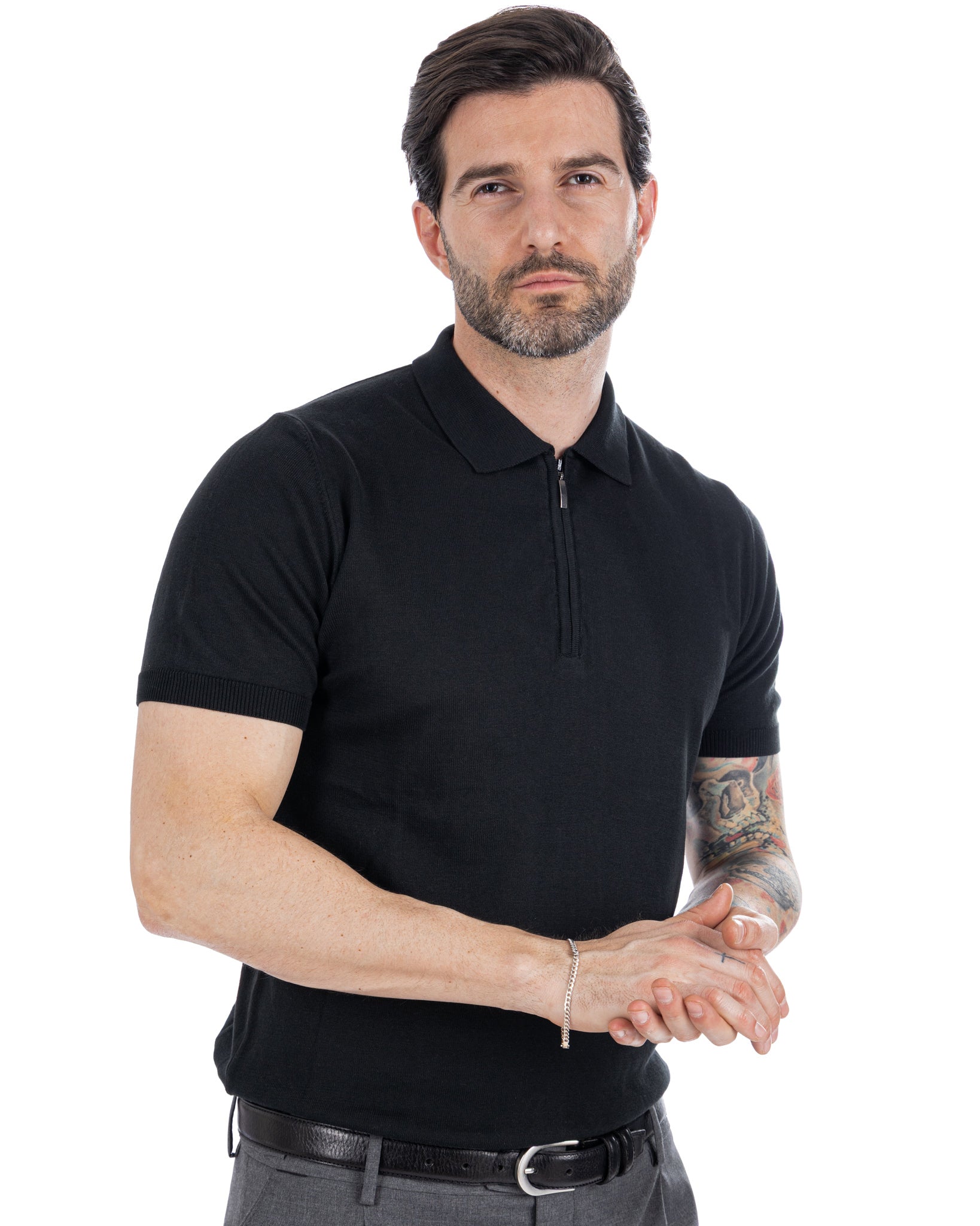 Sebastian - polo en maille noir avec zip