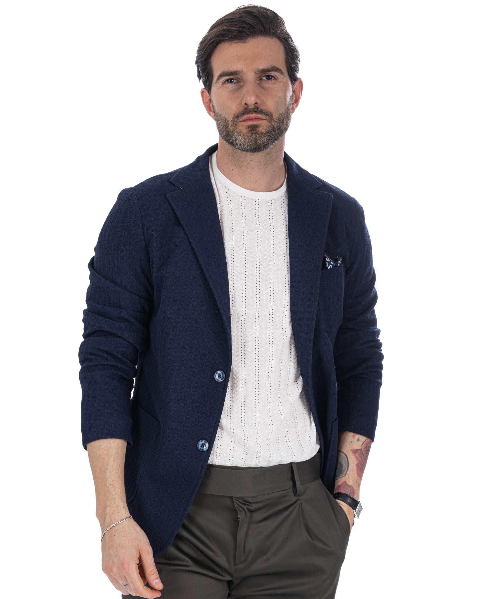 Hilo - Single Breasted Knit Jacket in Blue