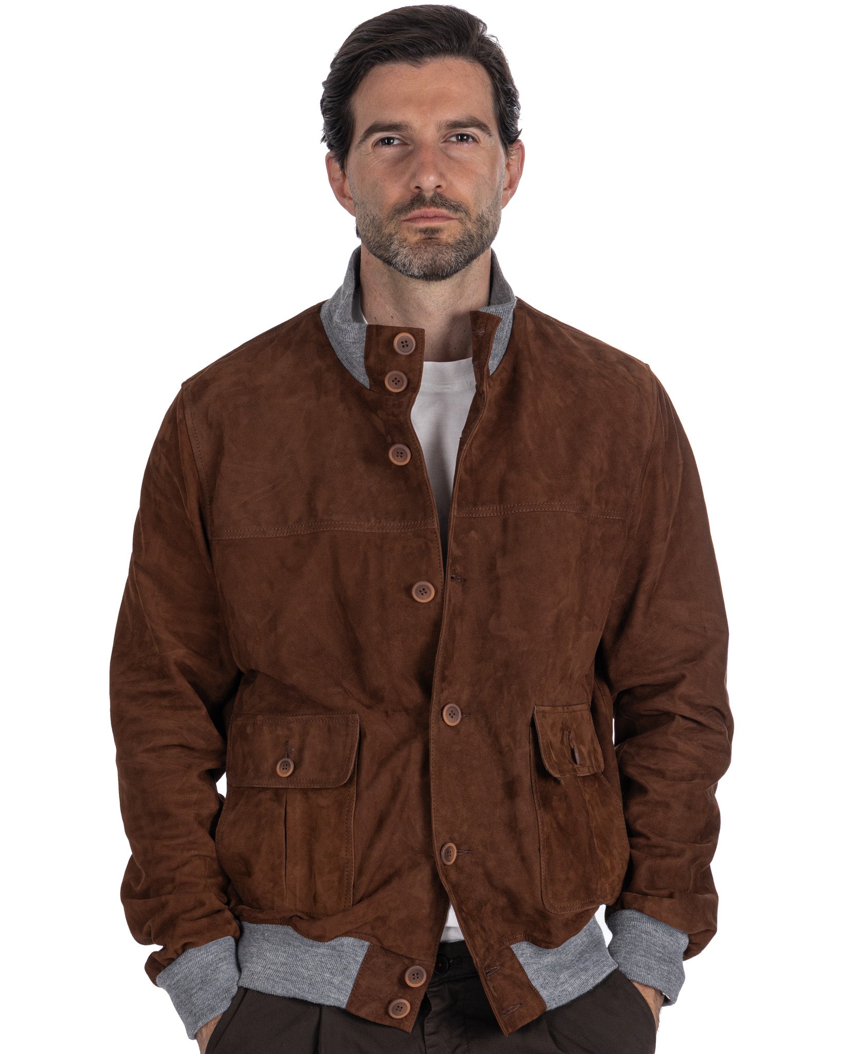 Blouson aviateur boutonné en daim camel
