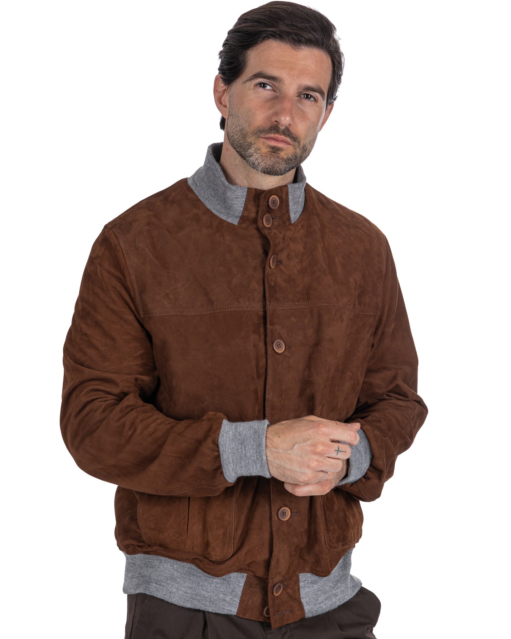 Blouson aviateur boutonné en daim camel