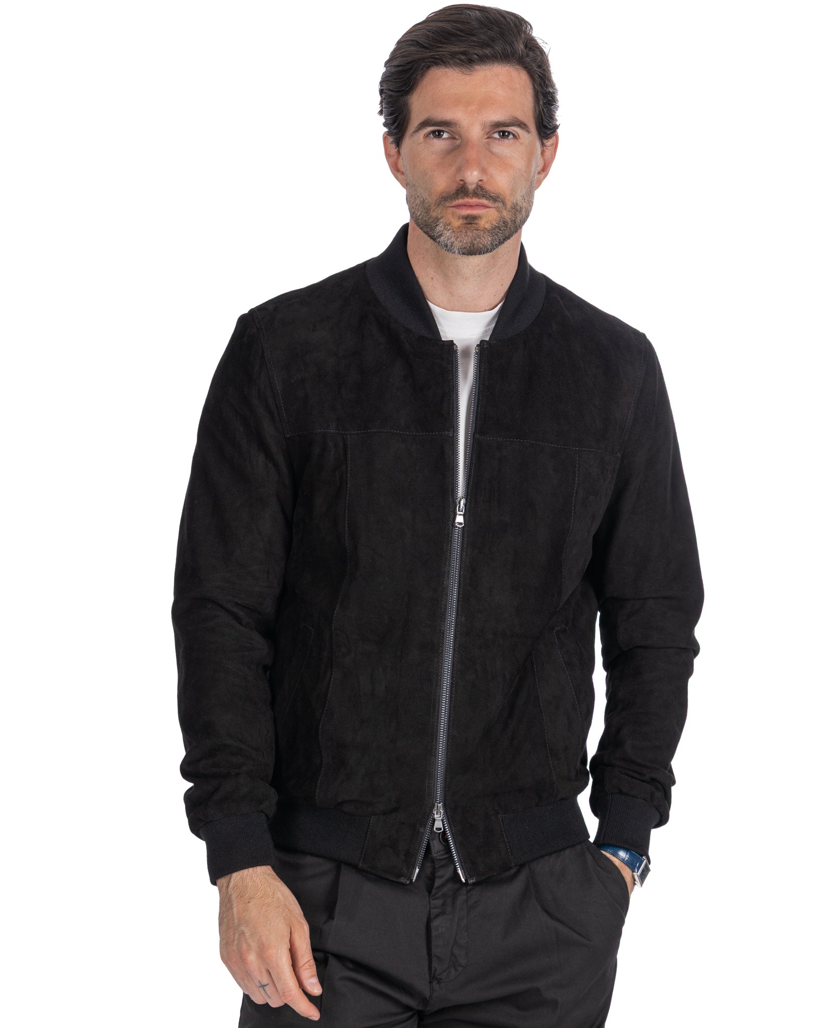 Black suede zip bomber jacket