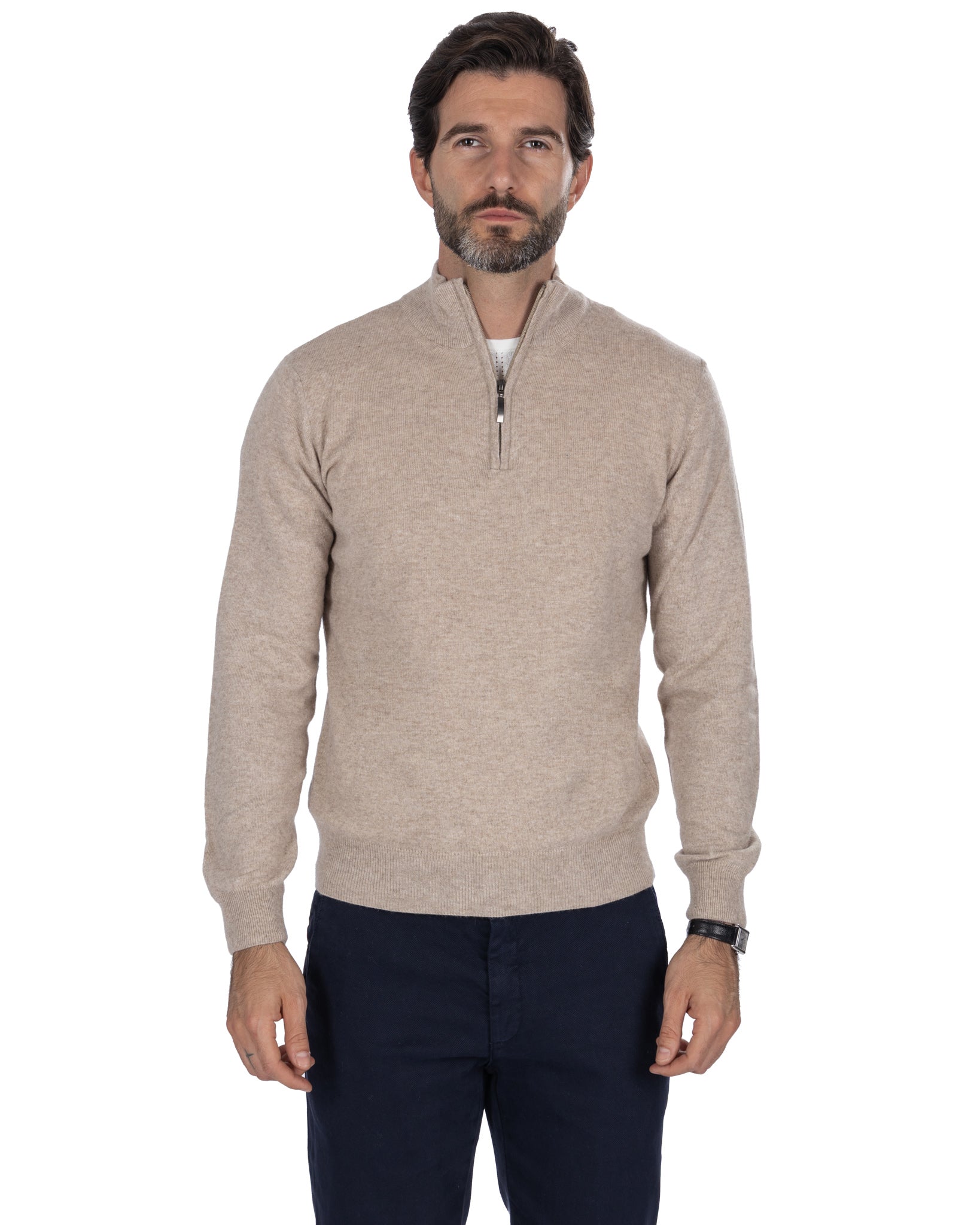 Lupetto con zip Rory in misto cachemire sabbia