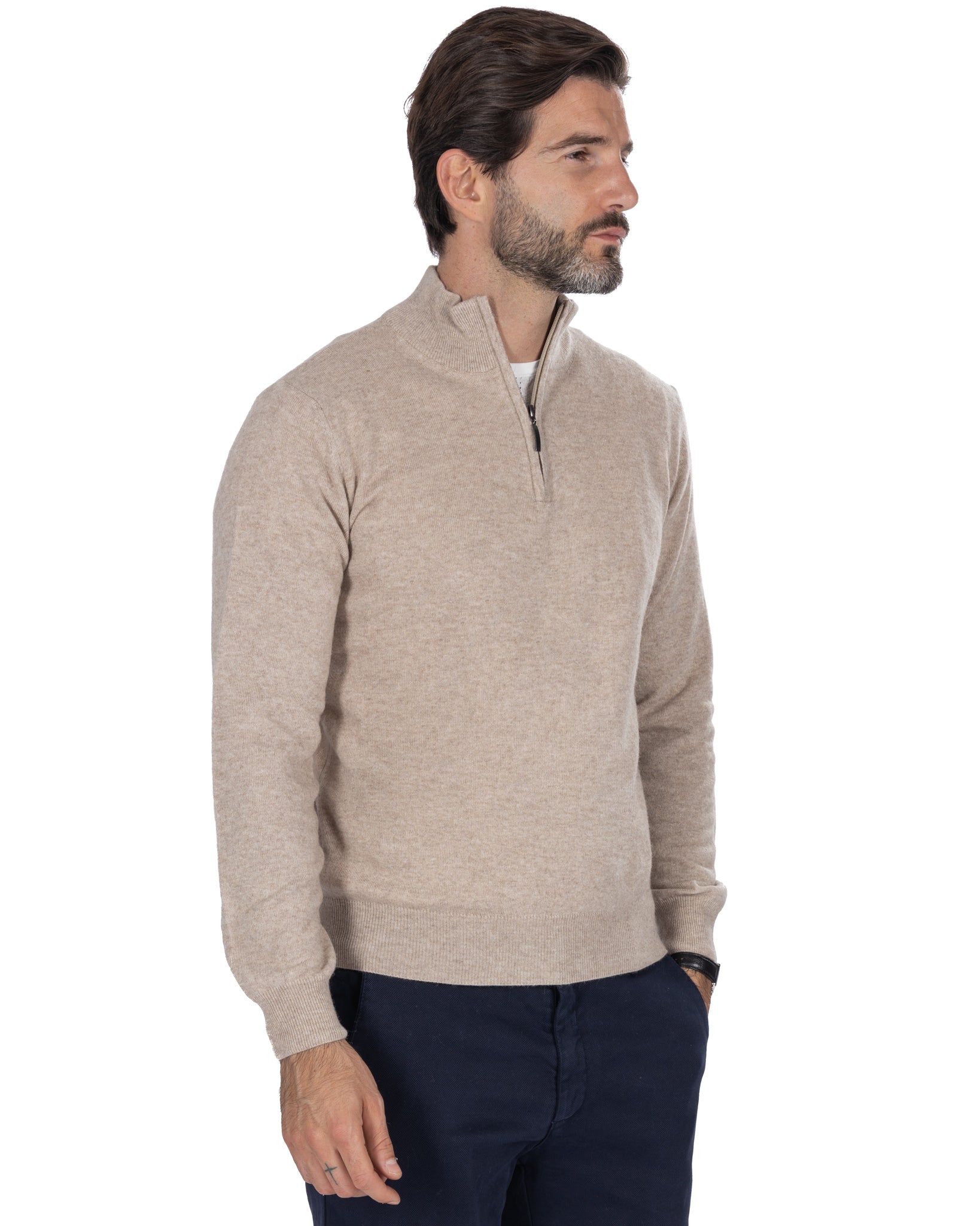 Lupetto con zip Rory in misto cachemire sabbia