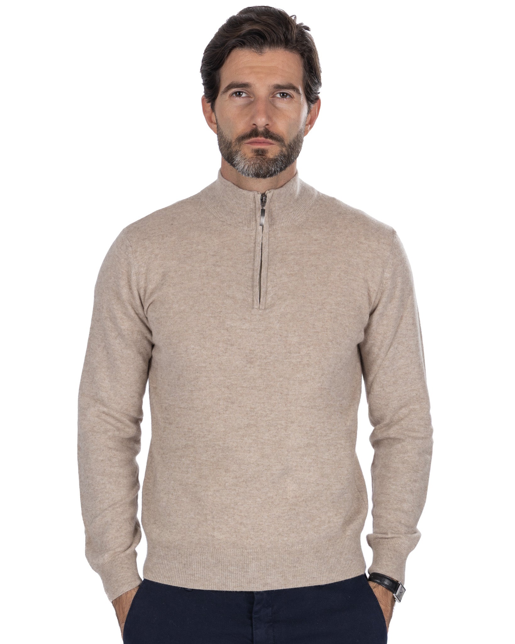 Lupetto con zip Rory in misto cachemire sabbia