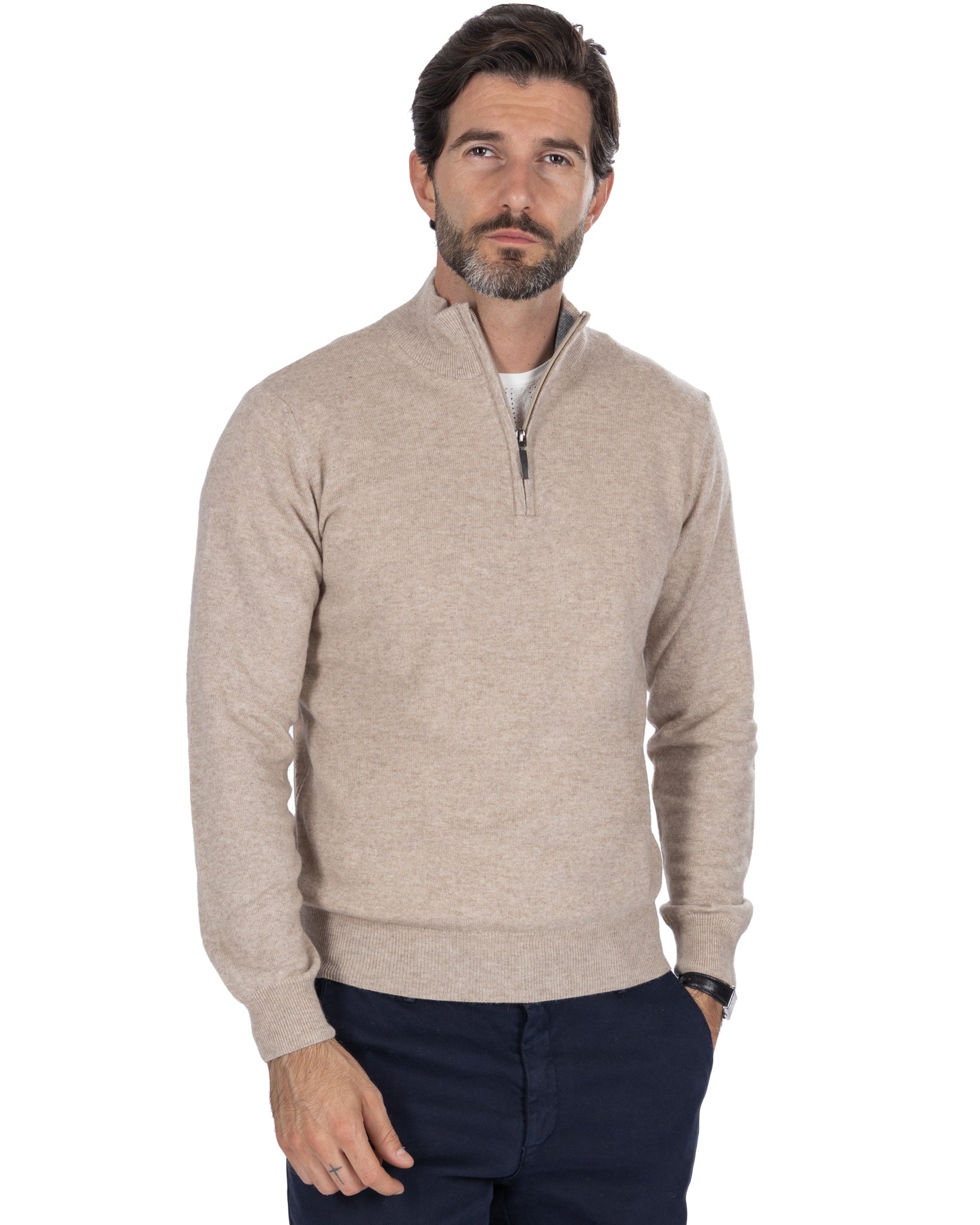 Lupetto con zip Rory in misto cachemire sabbia