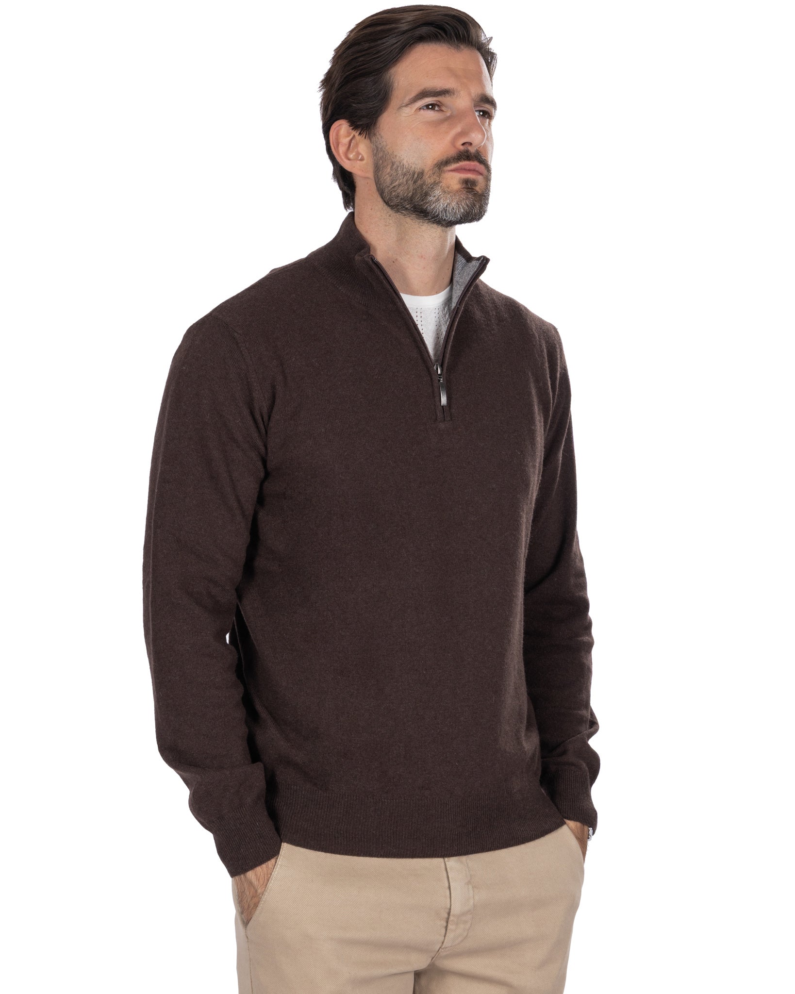 Lupetto con zip Rory in misto cachemire moro