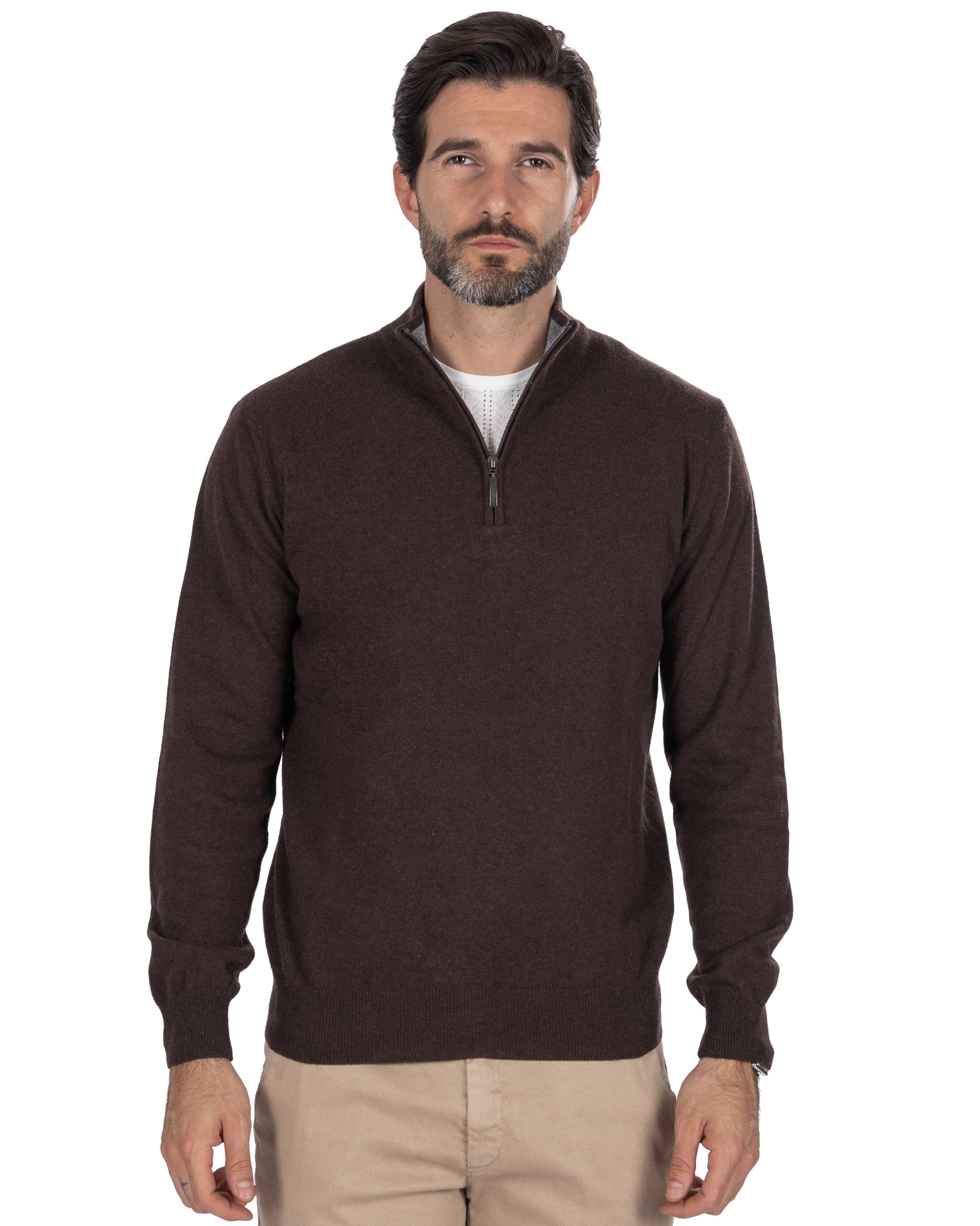 Lupetto con zip Rory in misto cachemire moro