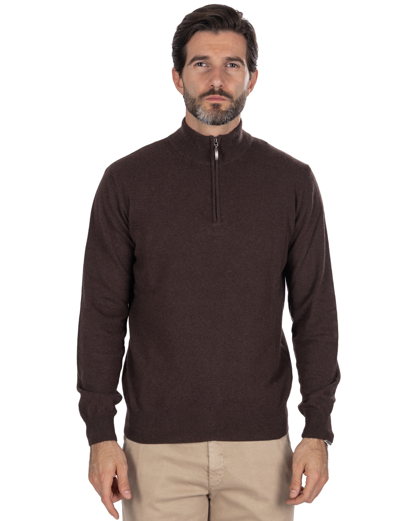Lupetto con zip Rory in misto cachemire moro