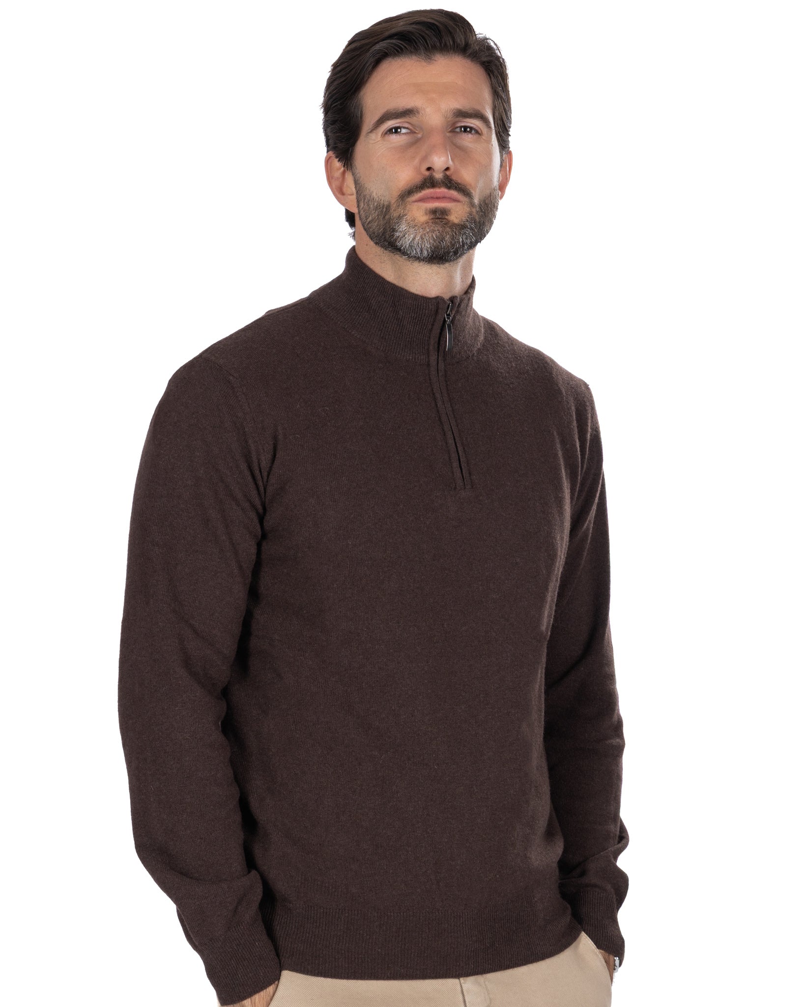 Lupetto con zip Rory in misto cachemire moro