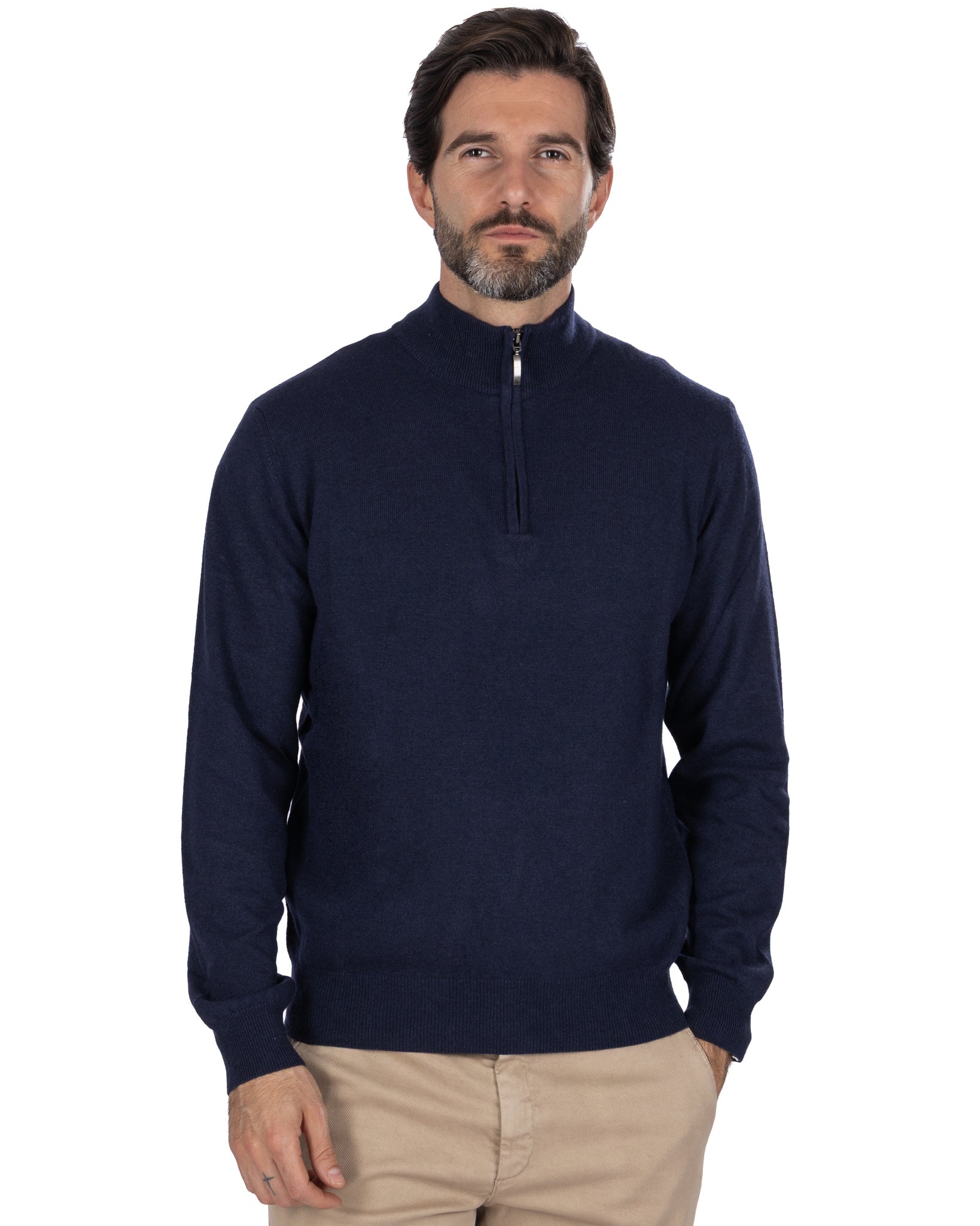 Lupetto con zip Rory in misto cachemire blu