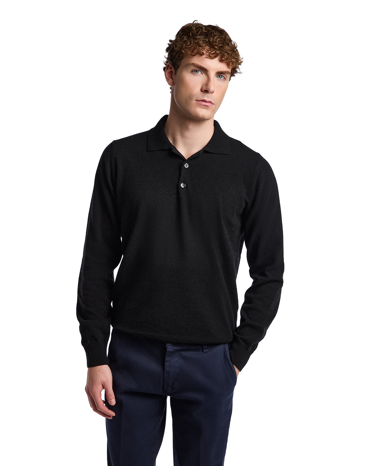 Black long-sleeve polo shirt made of soft, breathable fabric, featuring a classic collar and three-button placket.