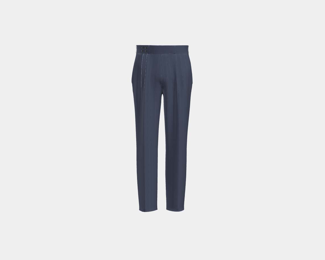 Pantalon tailleur en laine et soie bleu années 150 Caccioppoli avec bande