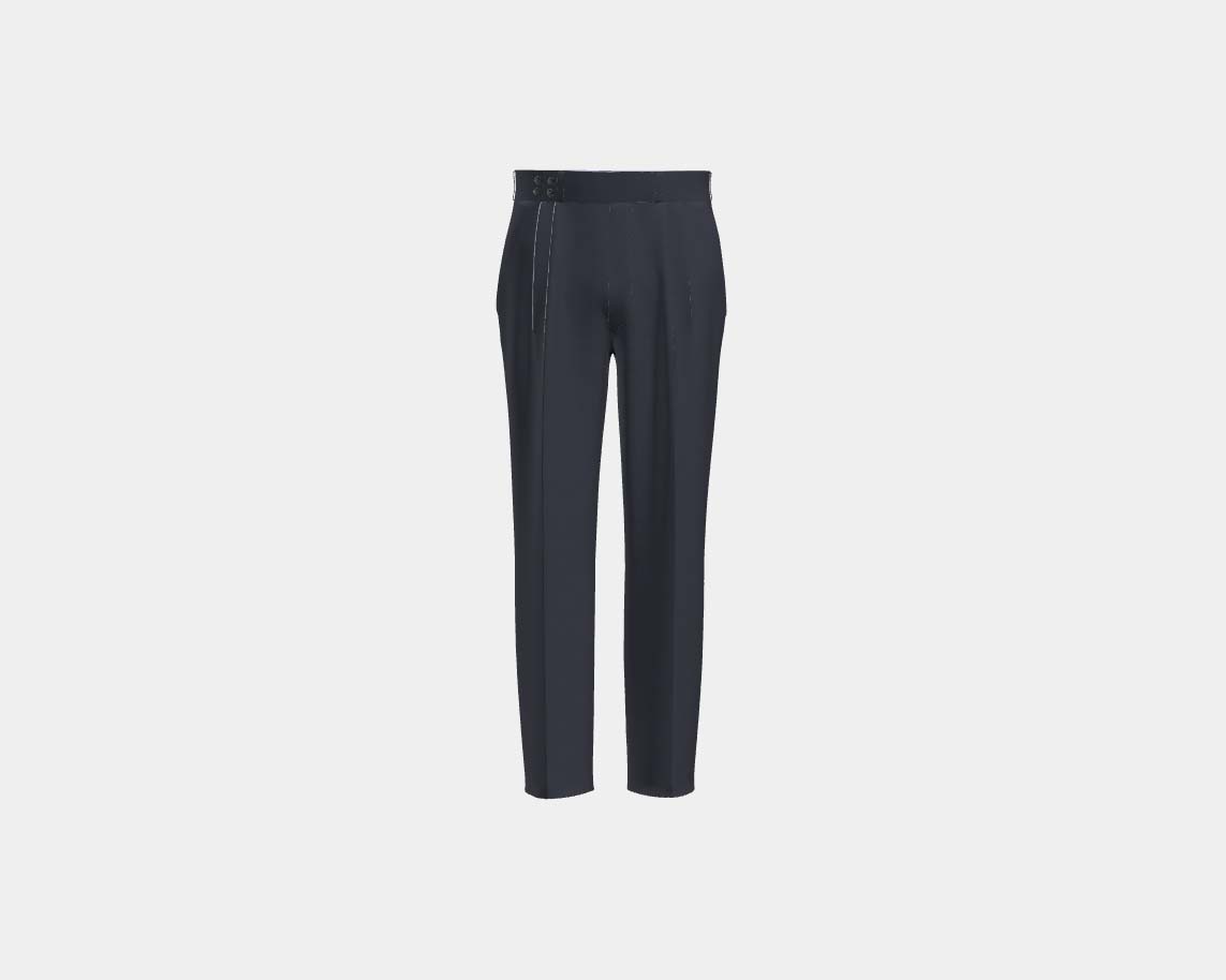 Pantalon tailleur en laine et soie bleu années 150 Caccioppoli avec bande