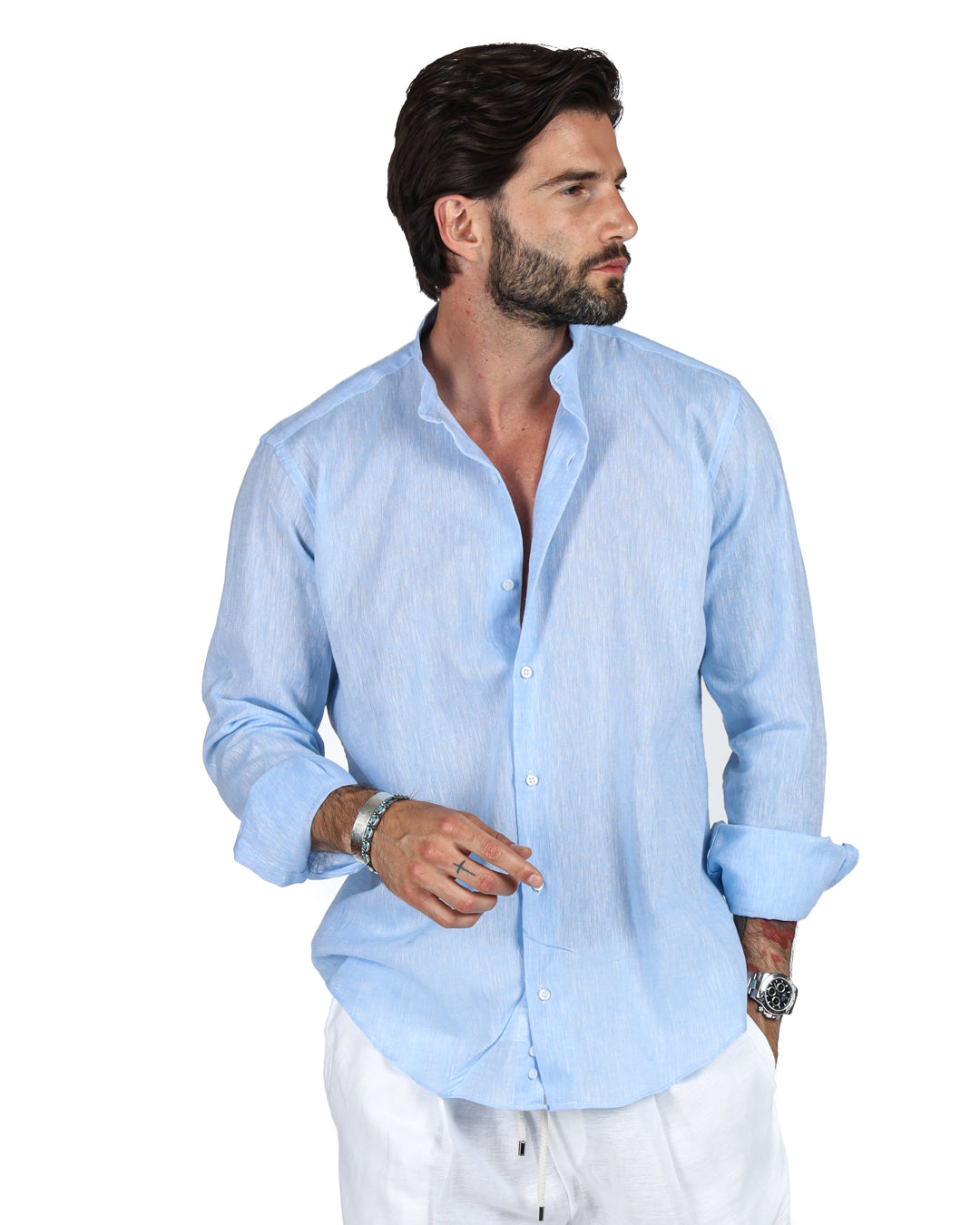 Positano - Camicia coreana azzurra in lino