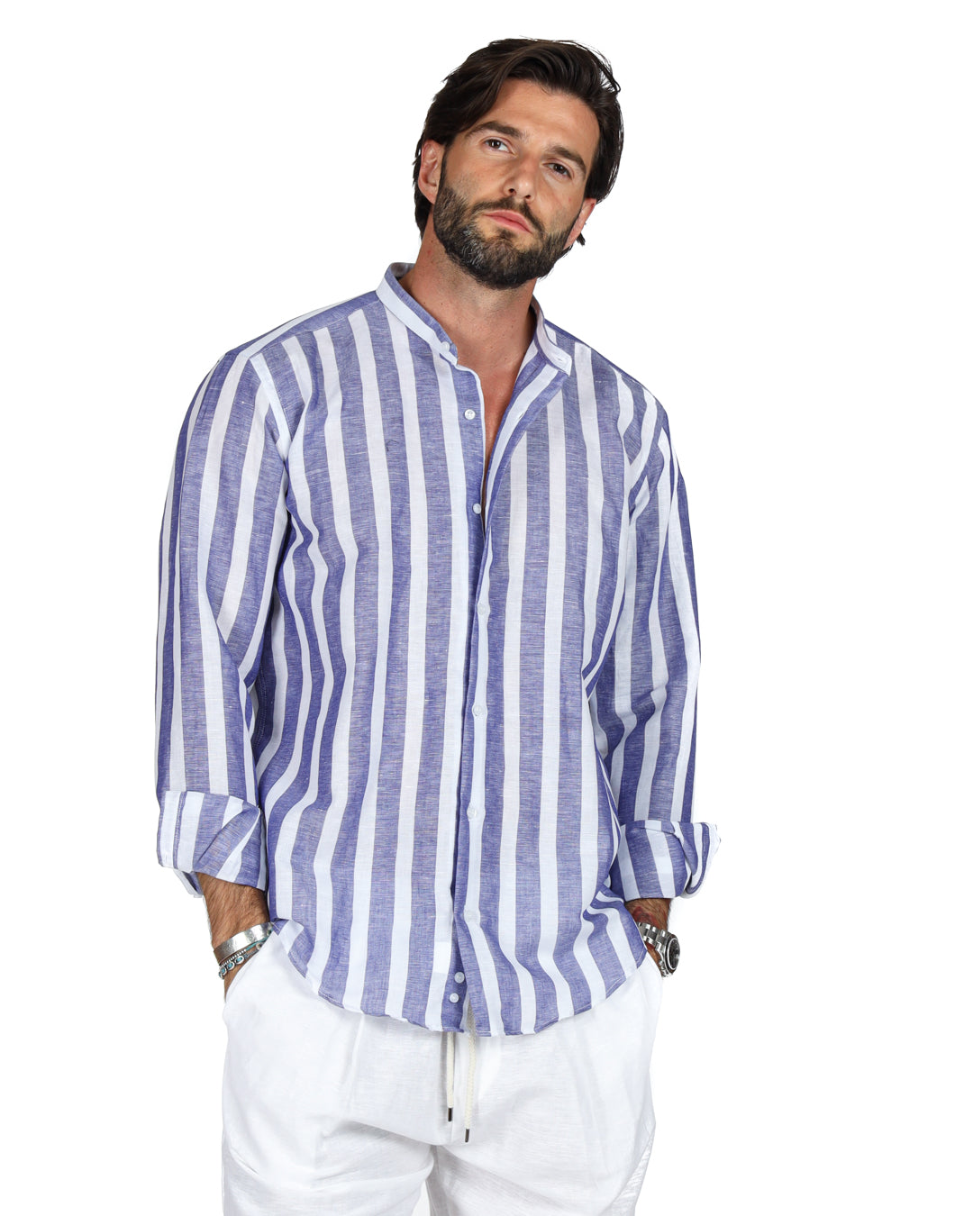Amalfi - Camicia coreana riga maxi blu
