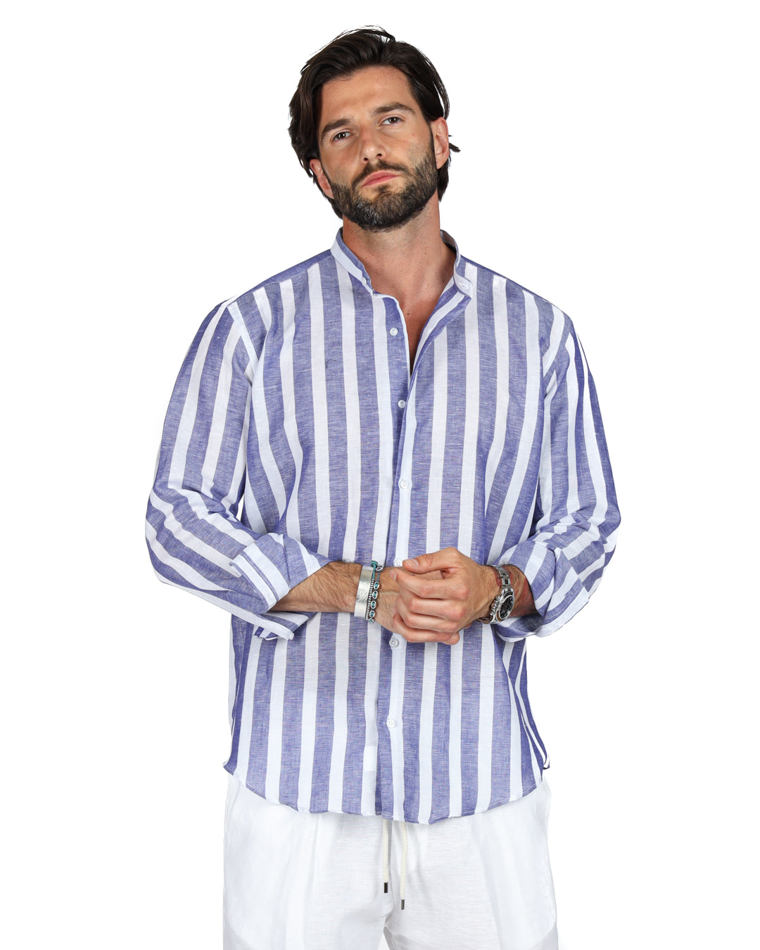 Amalfi - Camicia coreana riga maxi blu