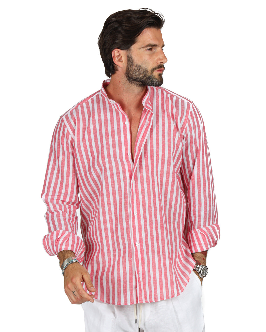 Procida - Chemise coréenne en lin larges rayures rouge