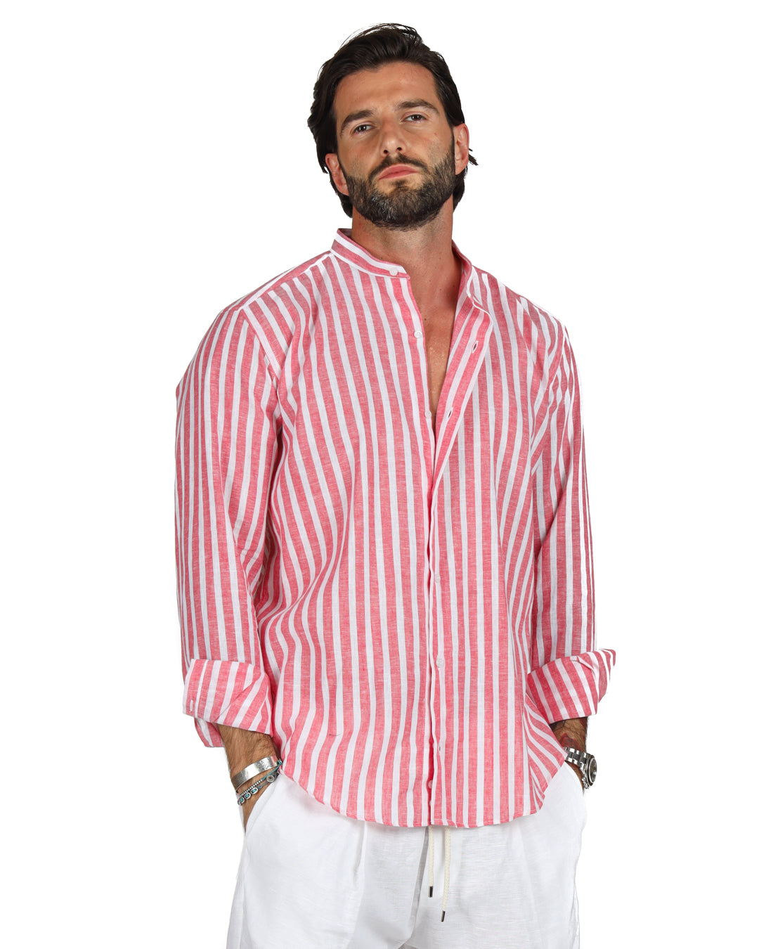 Procida - Chemise coréenne en lin larges rayures rouge