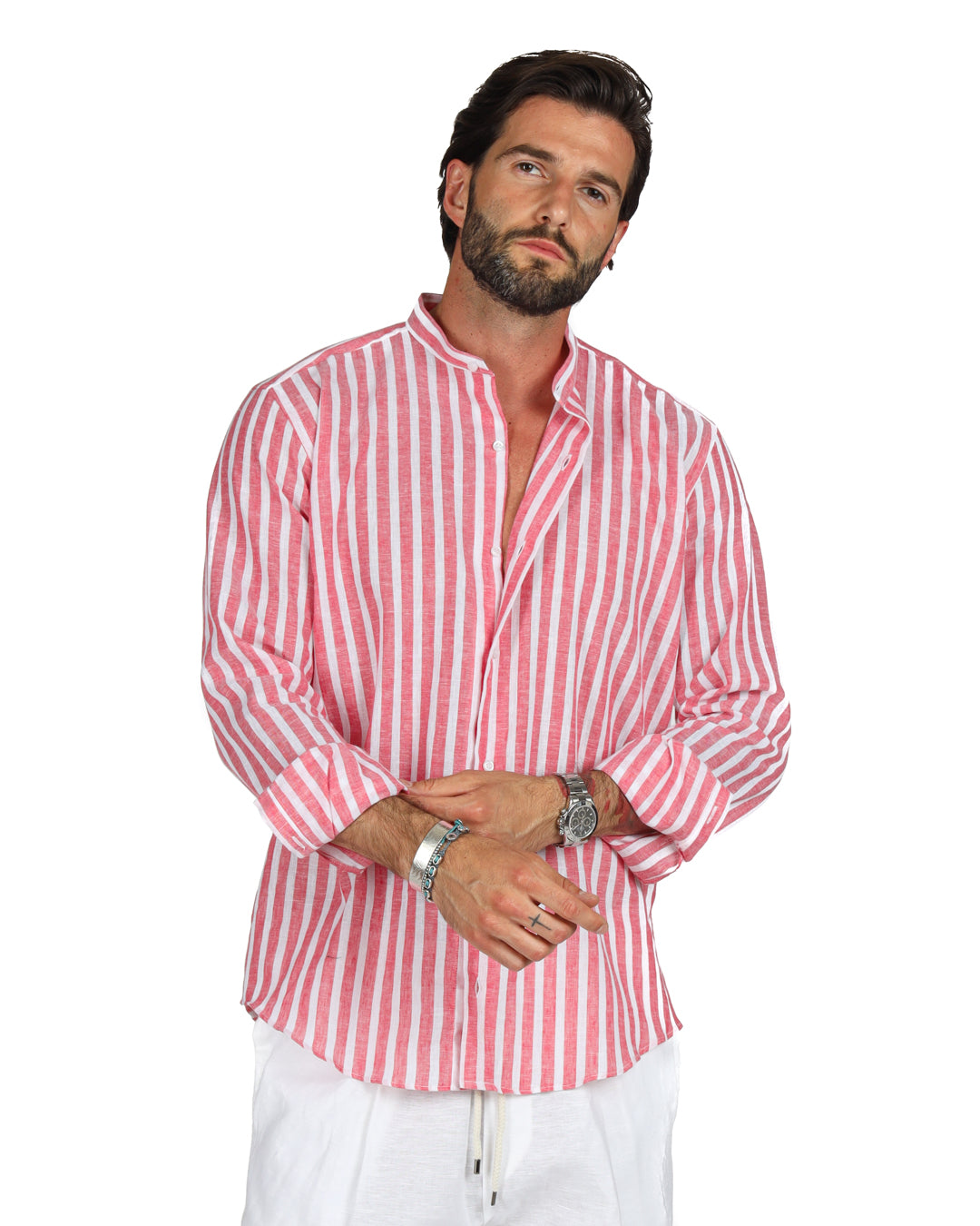 Procida - Chemise coréenne en lin larges rayures rouge