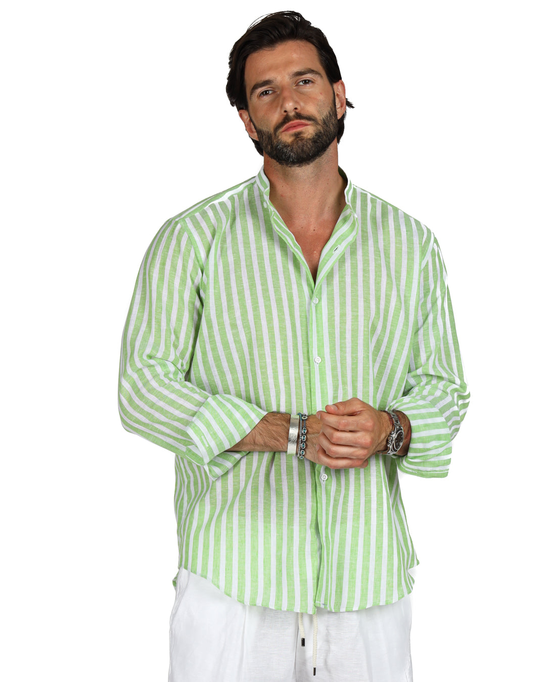 Procida - Korean shirt with wide green stripes in linen