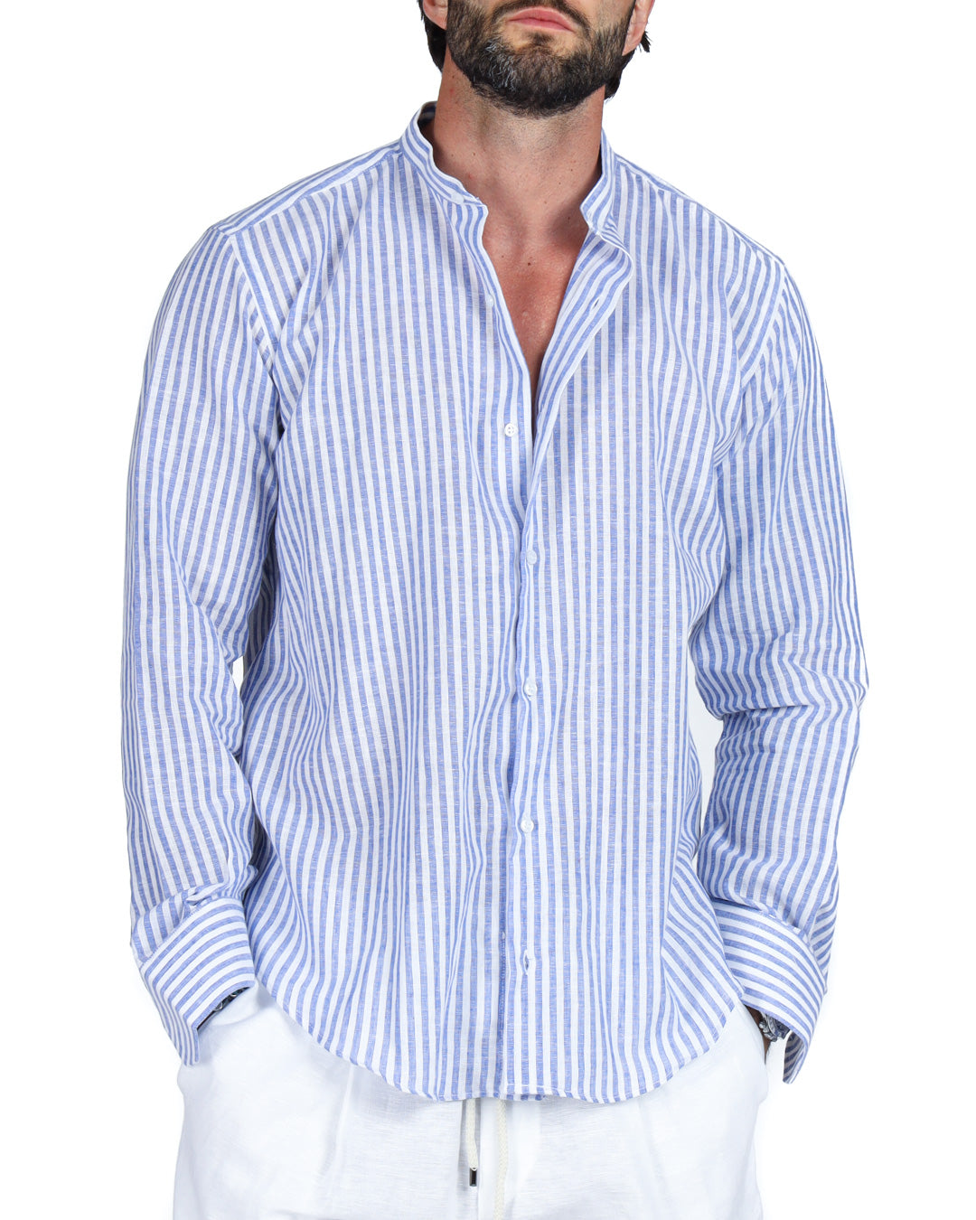 Ischia - Camicia coreana righe strette azzurre in lino