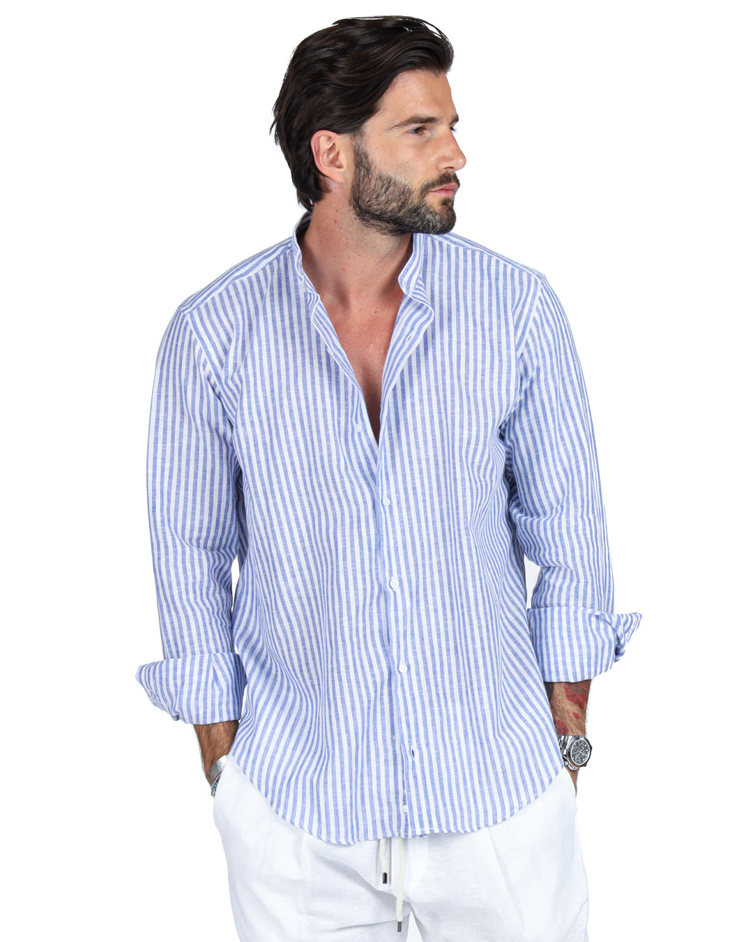 Ischia - Camicia coreana righe strette azzurre in lino