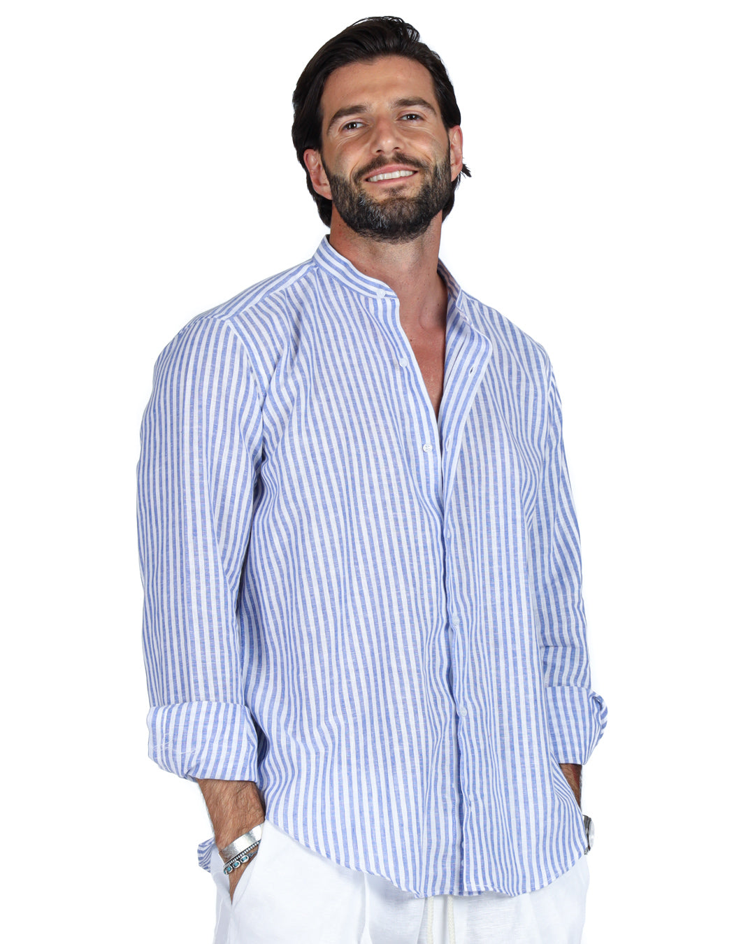 Ischia - Camicia coreana righe strette azzurre in lino