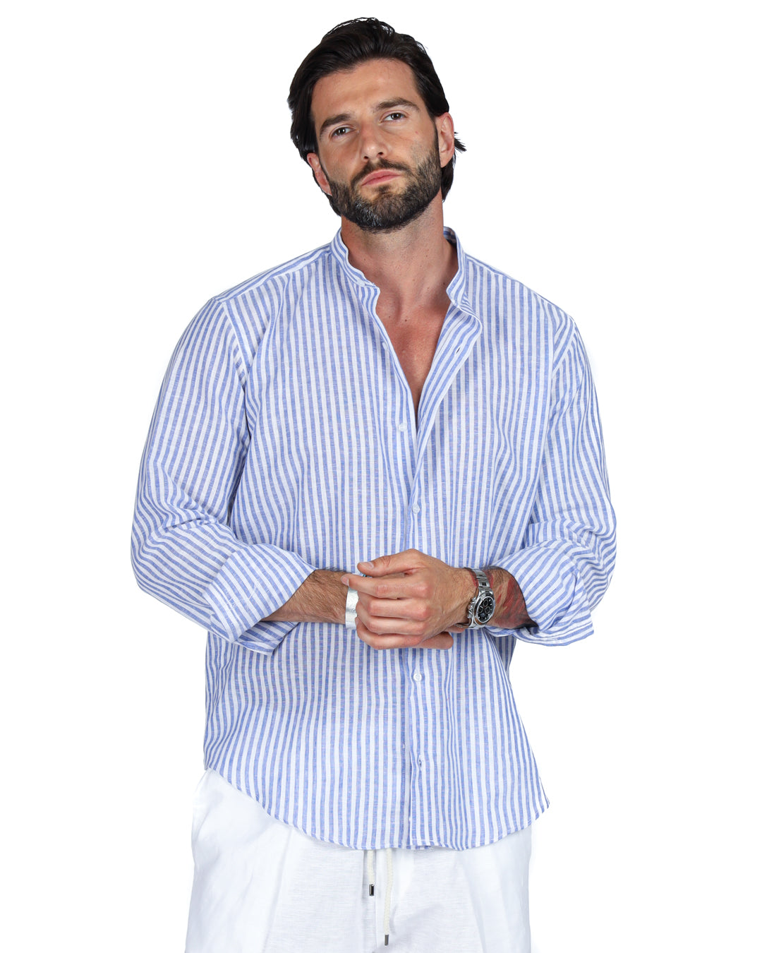 Ischia - Camicia coreana righe strette azzurre in lino