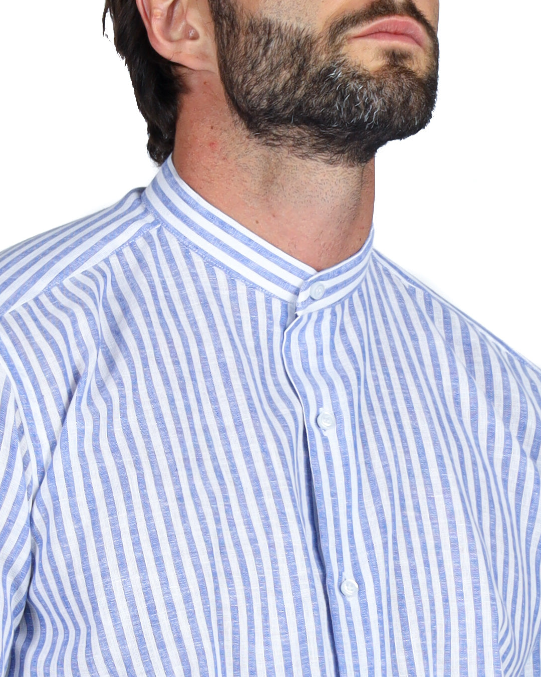 Ischia - Camicia coreana righe strette azzurre in lino