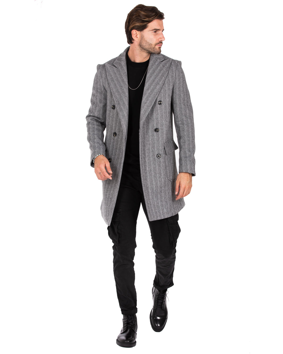 Charles - cappotto doppiopetto spigato grigio e nero