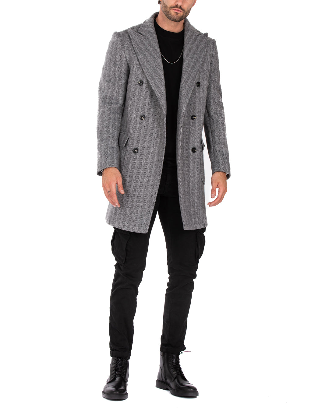Charles - cappotto doppiopetto spigato grigio e nero