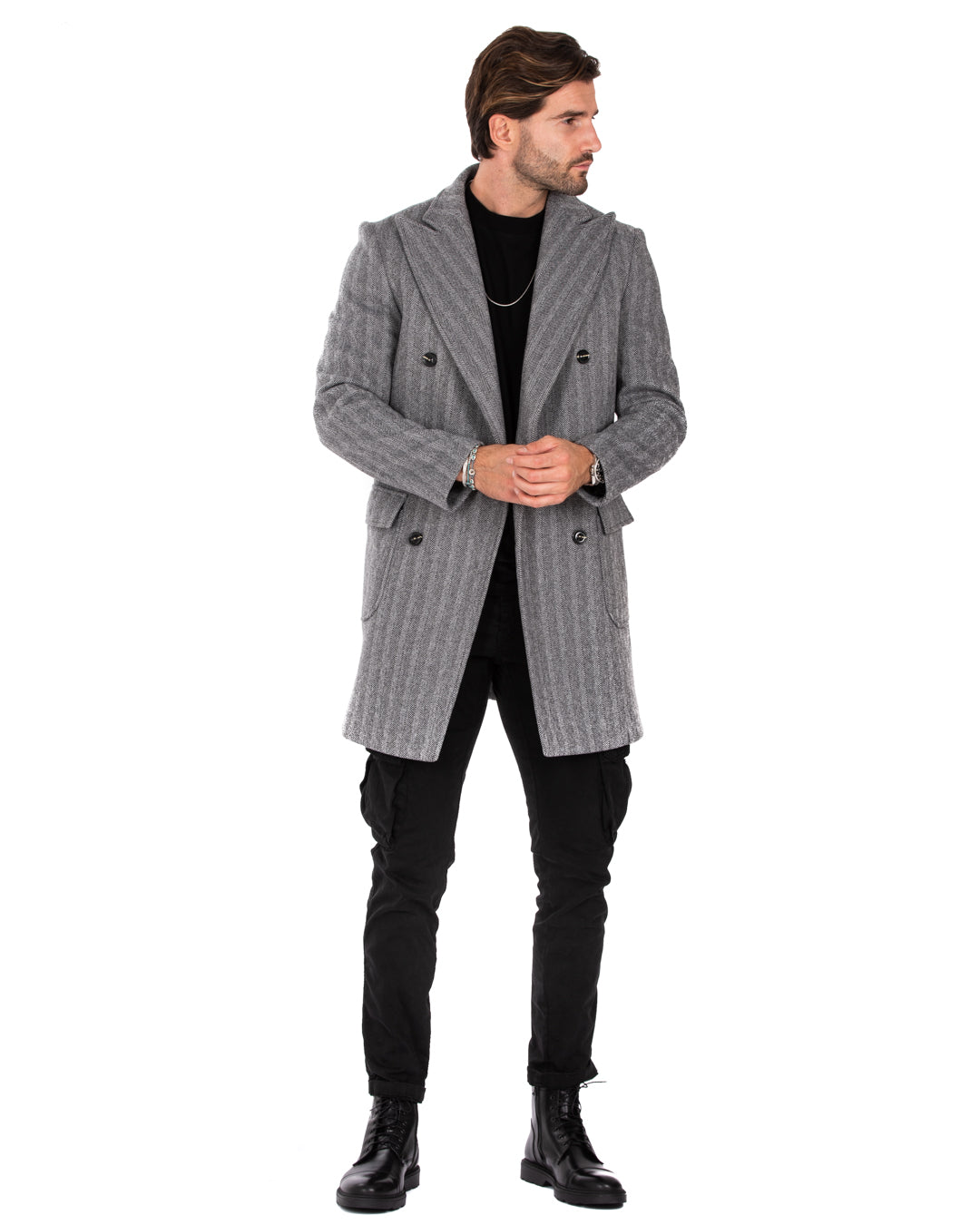 Charles - cappotto doppiopetto spigato grigio e nero