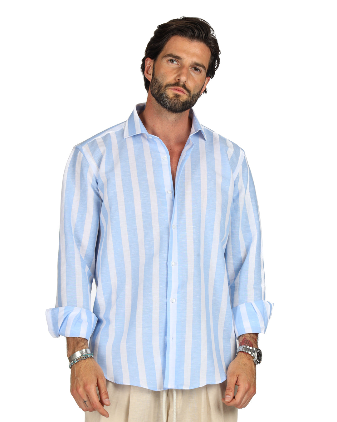Amalfi - Camicia classica riga maxi azzurra