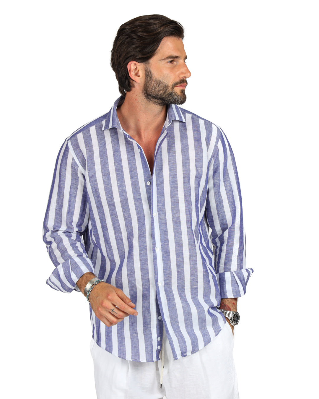 Amalfi - Camicia classica riga maxi blu