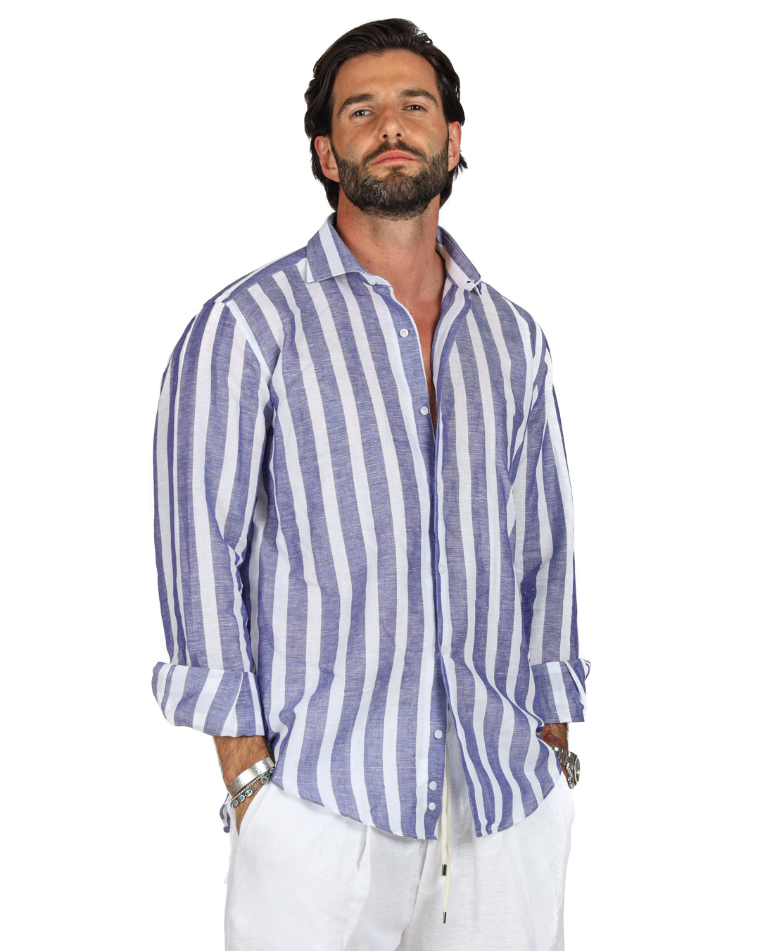 Amalfi - Camicia classica riga maxi blu