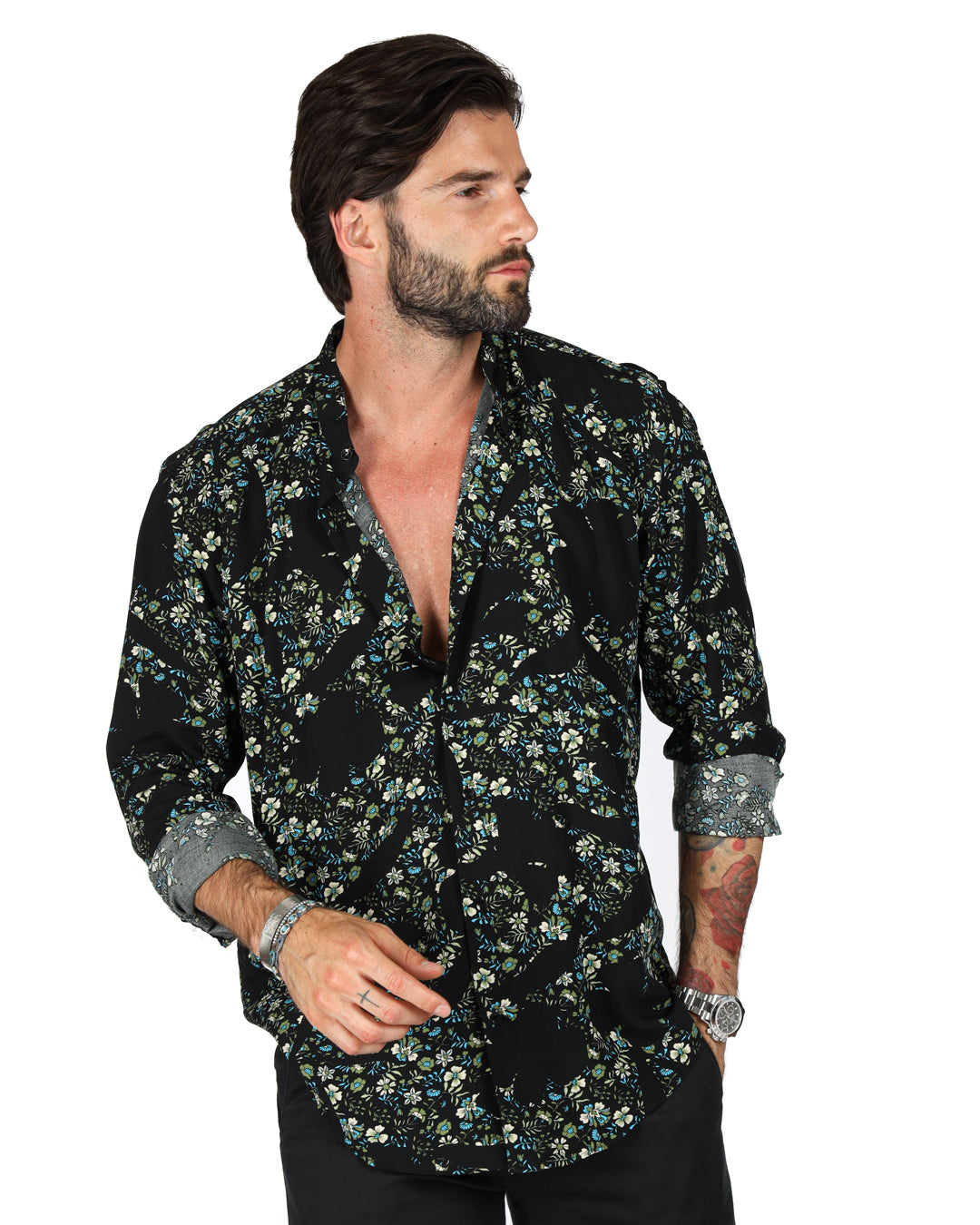 Aruba - Camicia coreana fantasia floreale blu