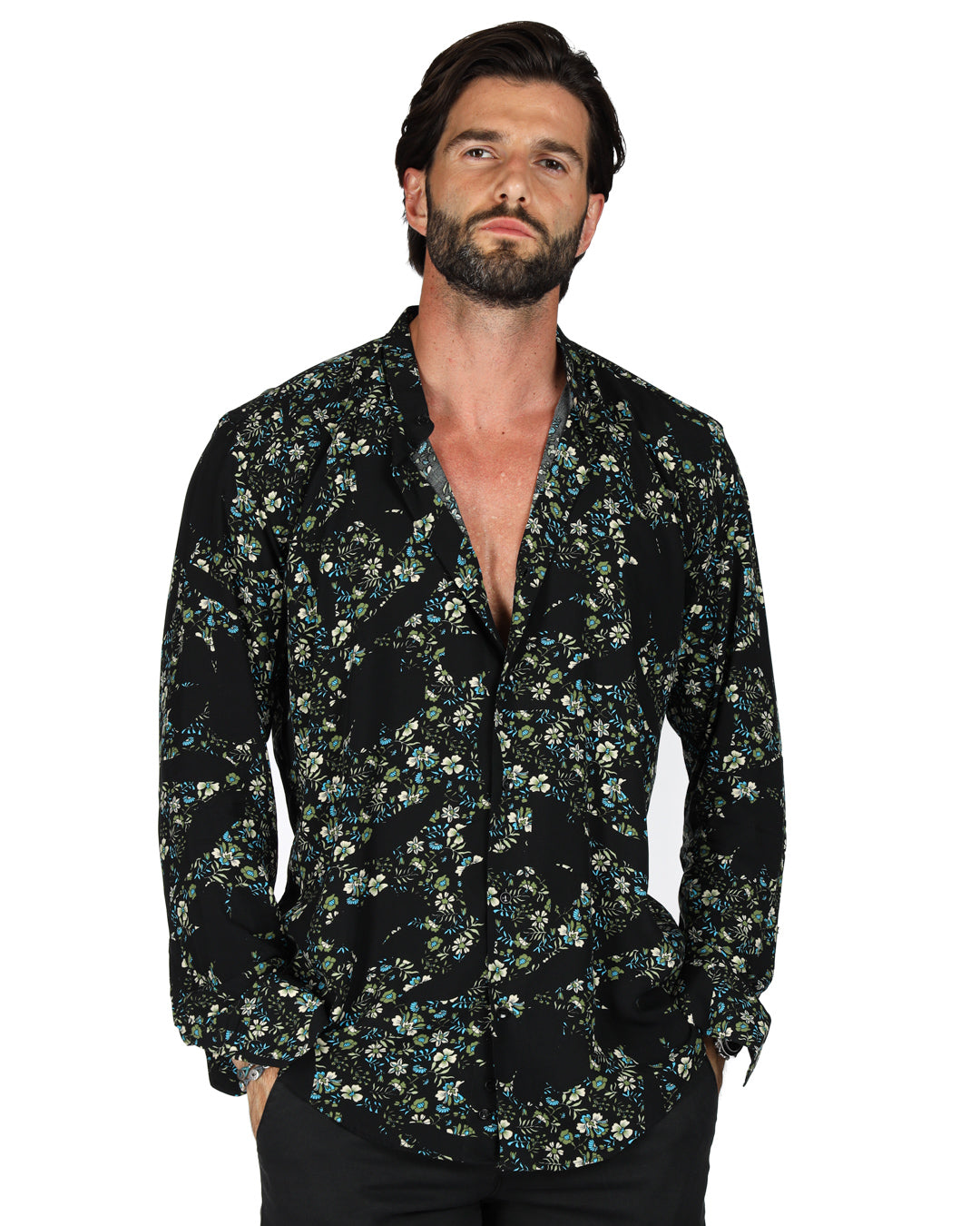 Aruba - Camicia coreana fantasia floreale blu