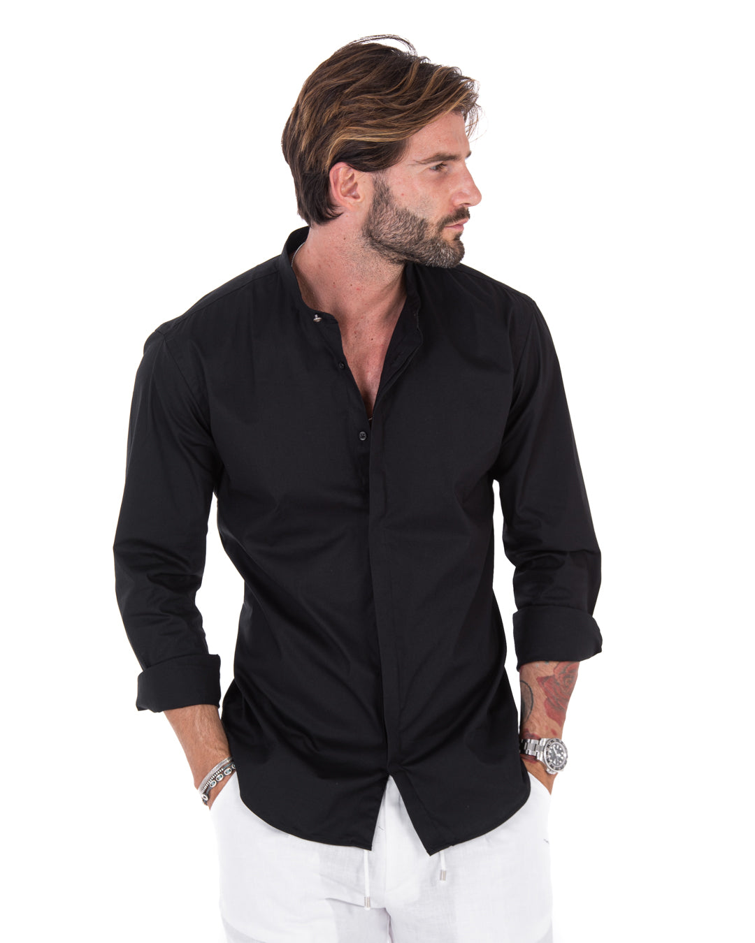 Camicia - basic coreana nera in cotone