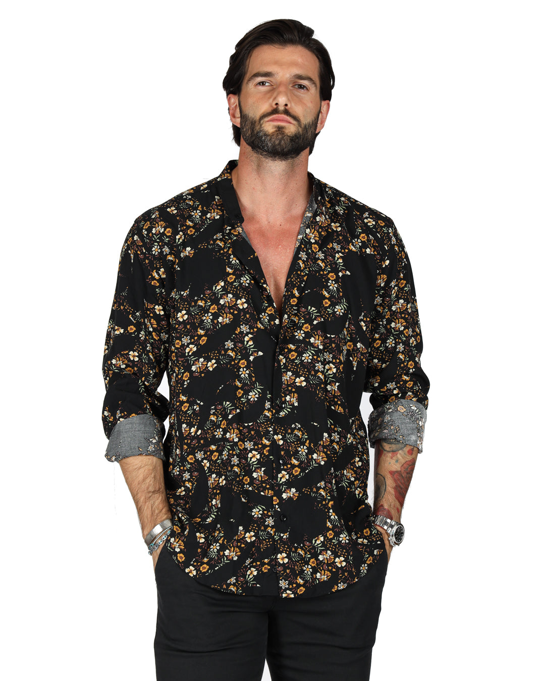 Curacao - Camicia coreana fantasia floreale marrone