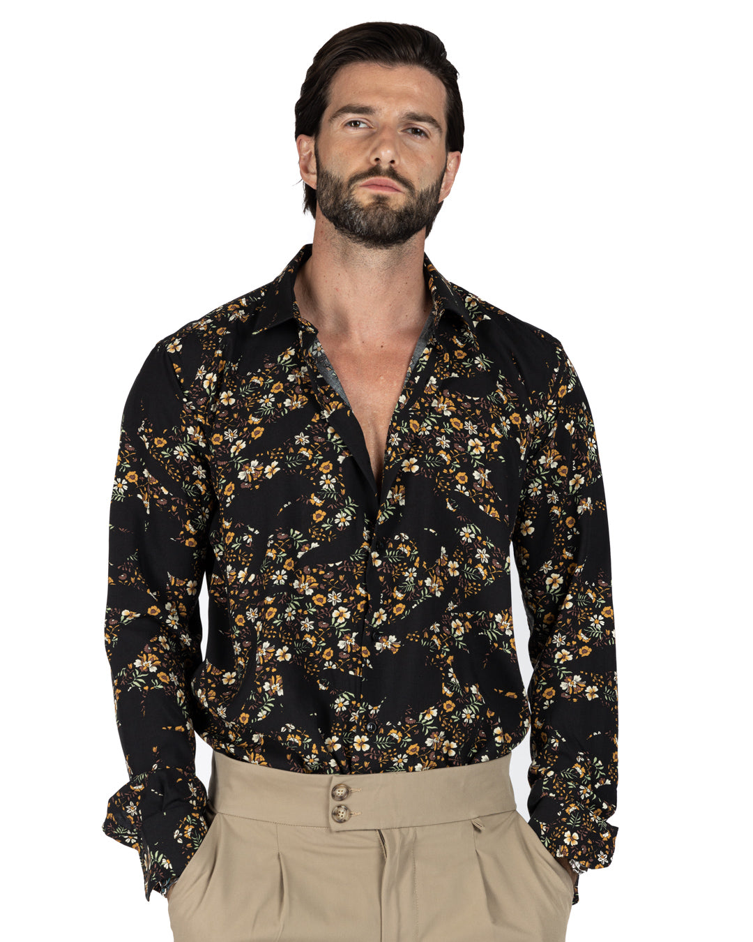 Curacao - Camicia classica fantasia floreale marrone