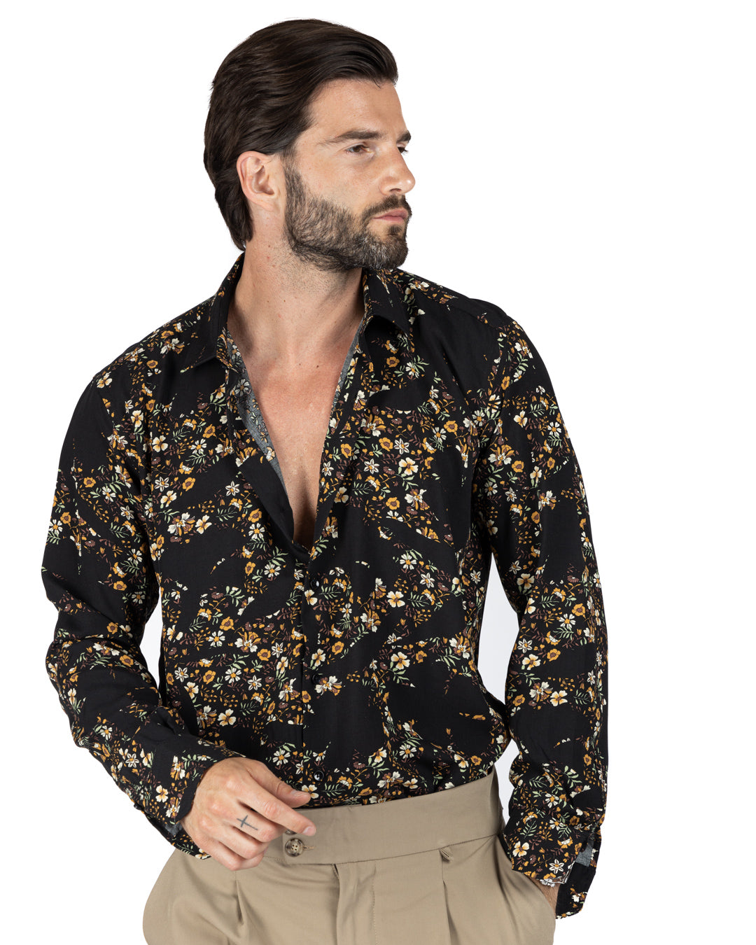 Curacao - Camicia classica fantasia floreale marrone