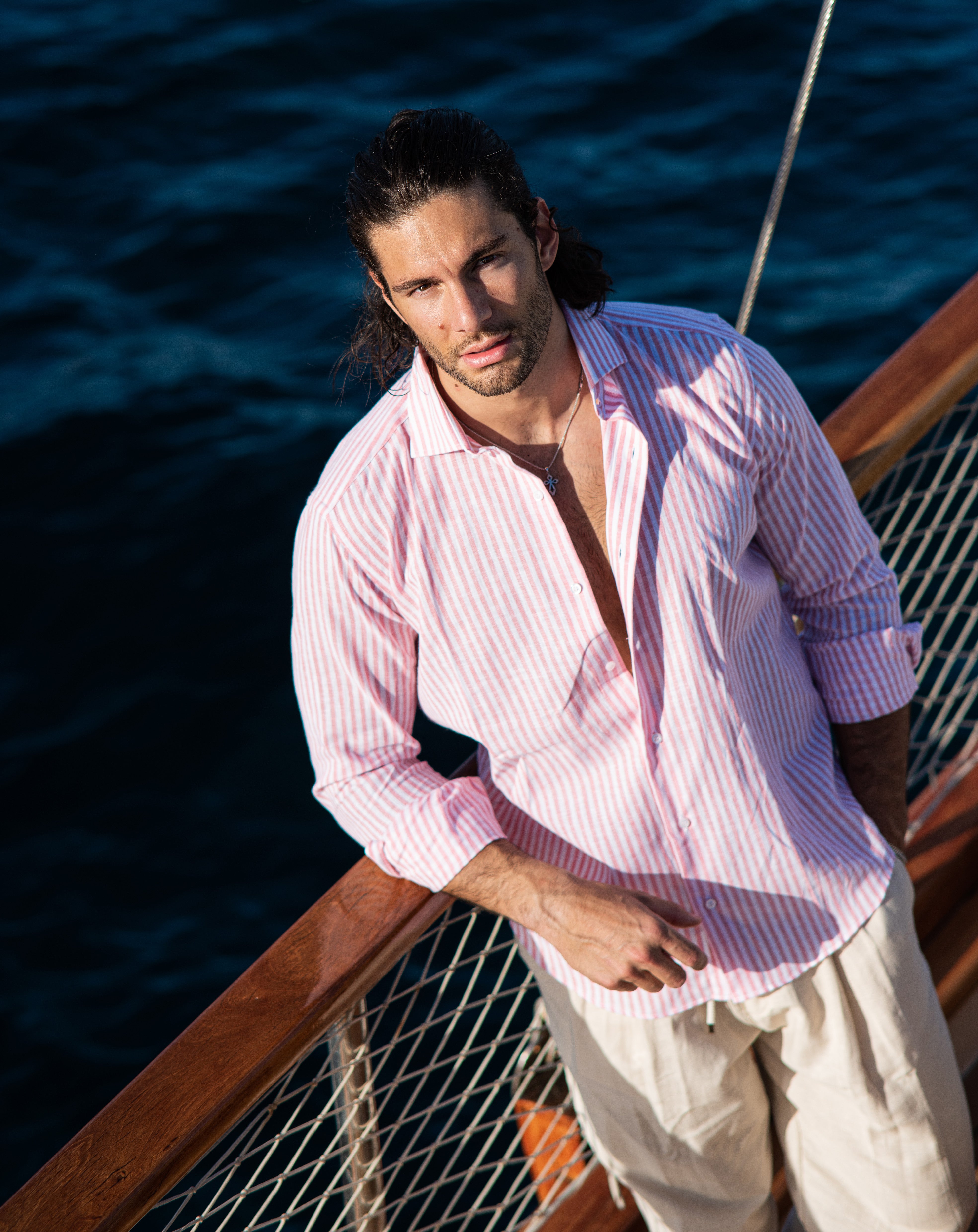 Ischia - Camicia classica righe strette rosa in lino