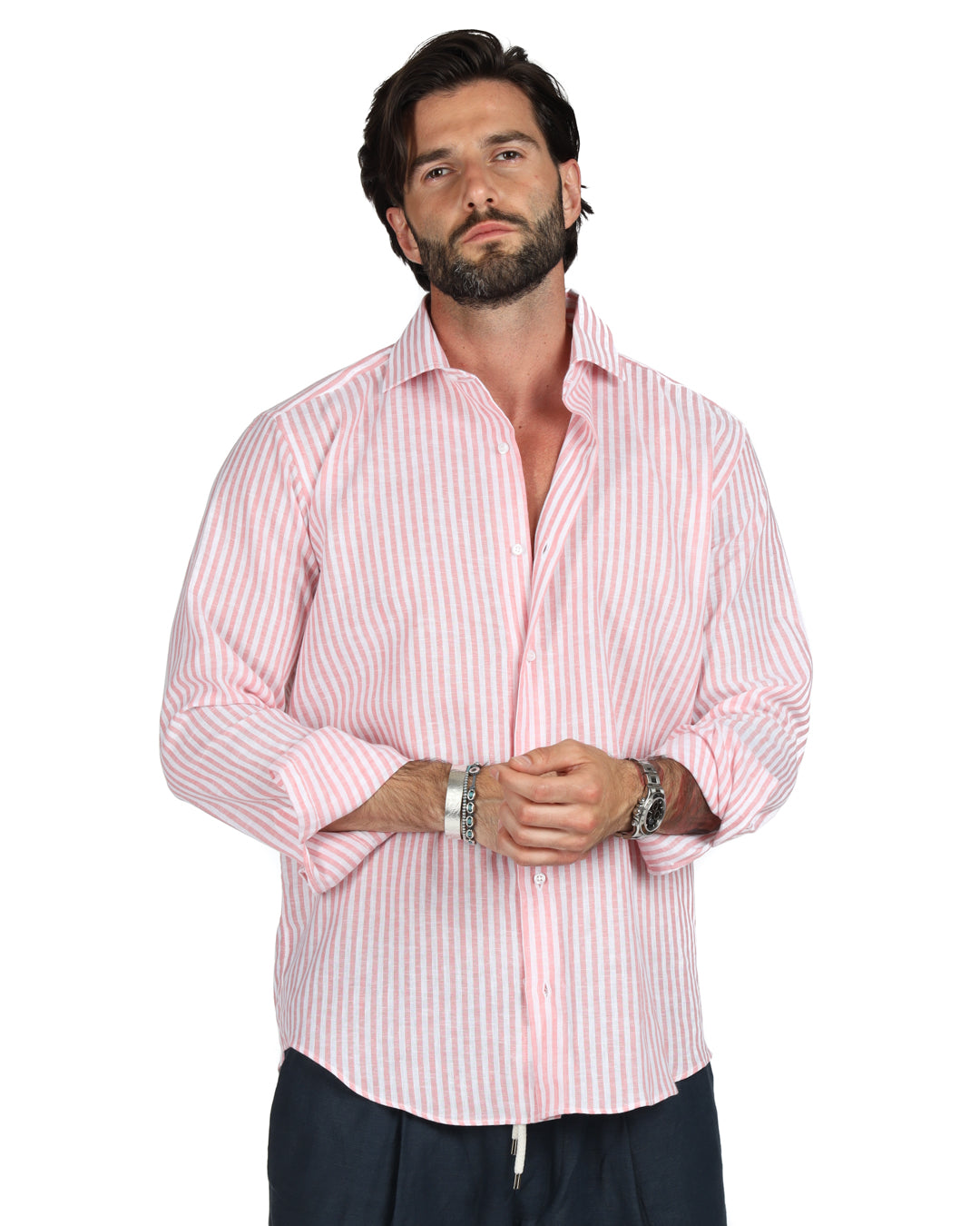 Ischia - Classic pink narrow striped linen shirt