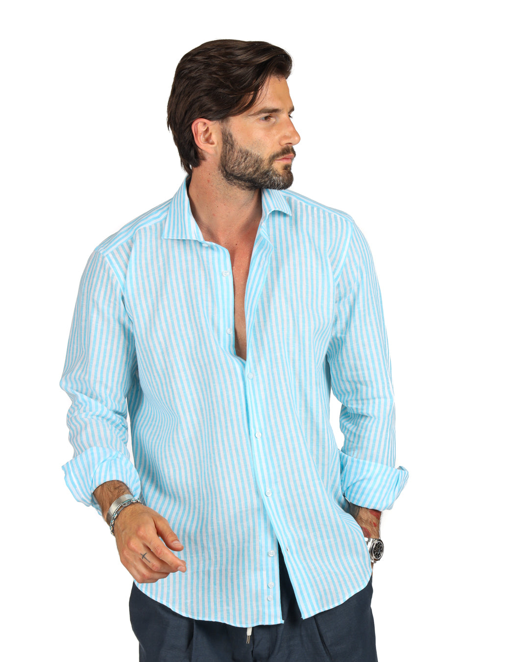 Ischia - Classic turquoise narrow striped linen shirt
