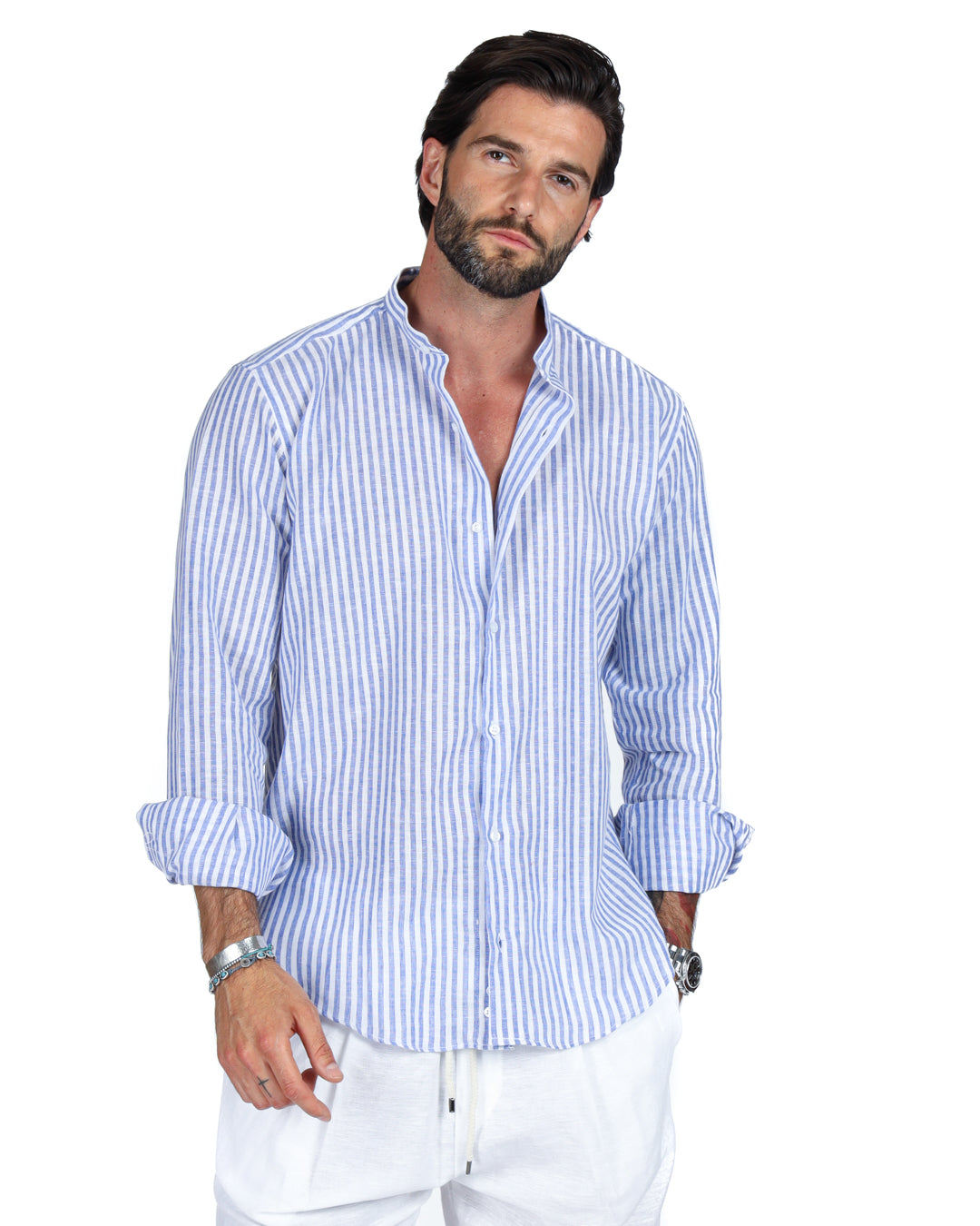 Ischia - Camicia coreana righe strette azzurre in lino