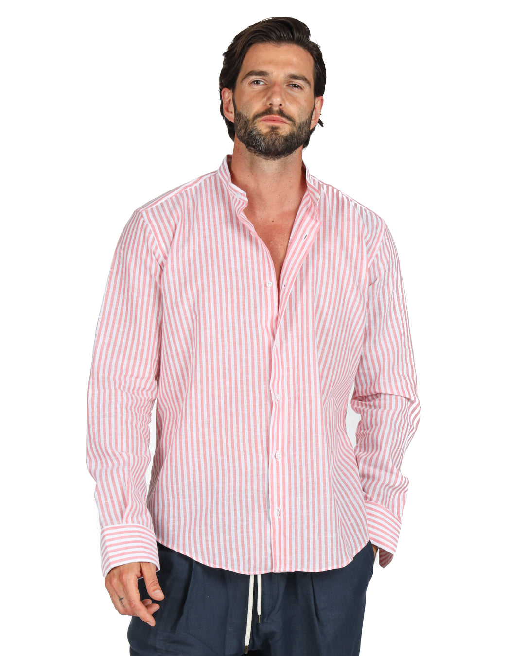 Ischia - Camicia coreana righe strette rosa in lino