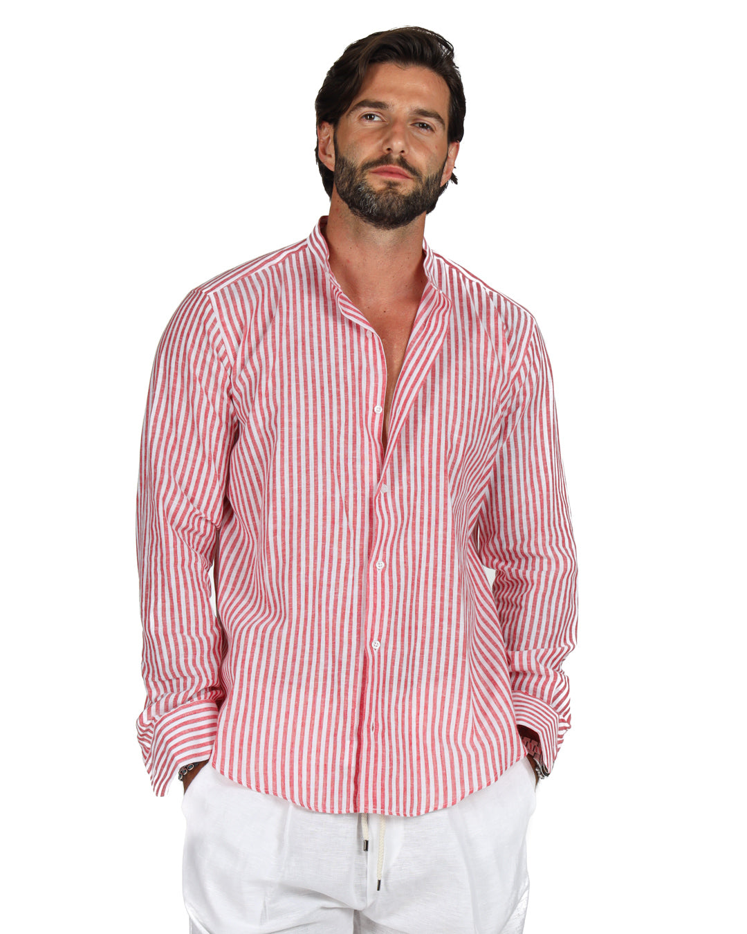 Ischia - Camicia coreana righe strette rossa in lino