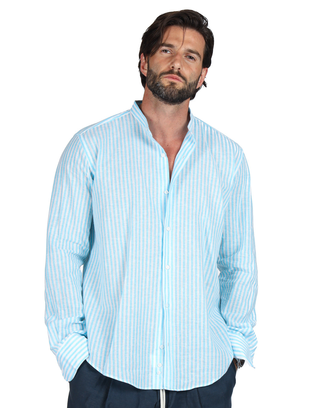 Ischia - Camicia coreana righe strette turchese in lino