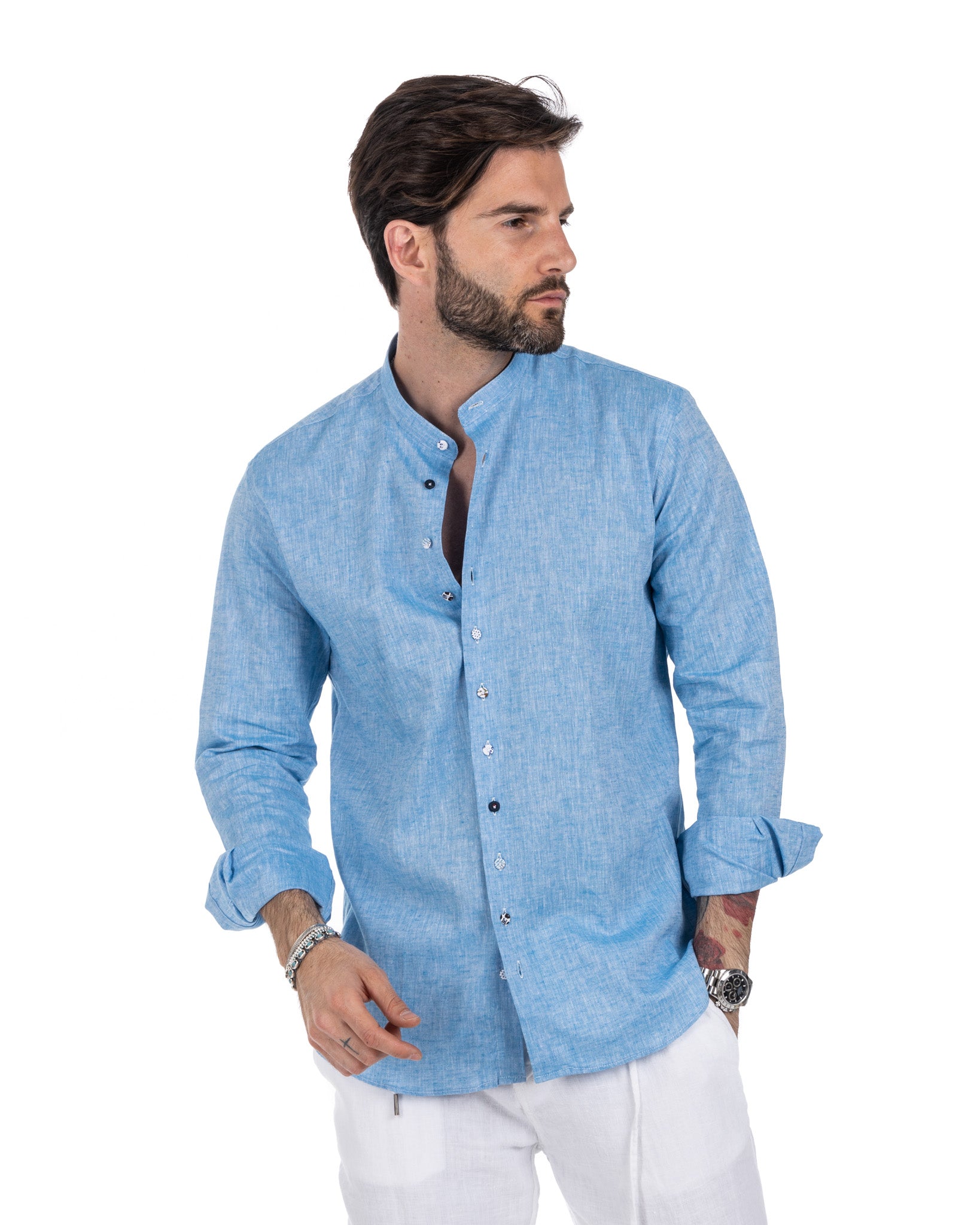 Positano - turquoise linen Korean shirt
