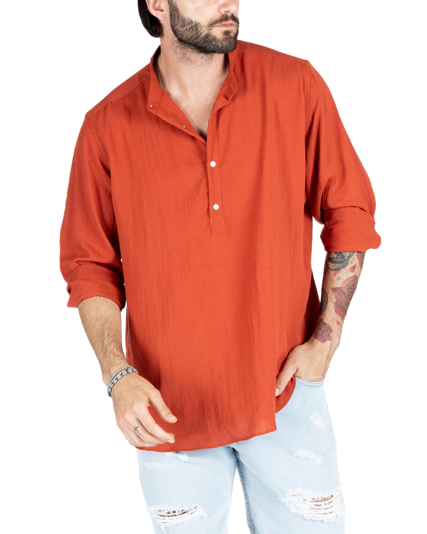 SERAFINO - CHEMISE EN LIN CORAIL À CINQ BOUTONS